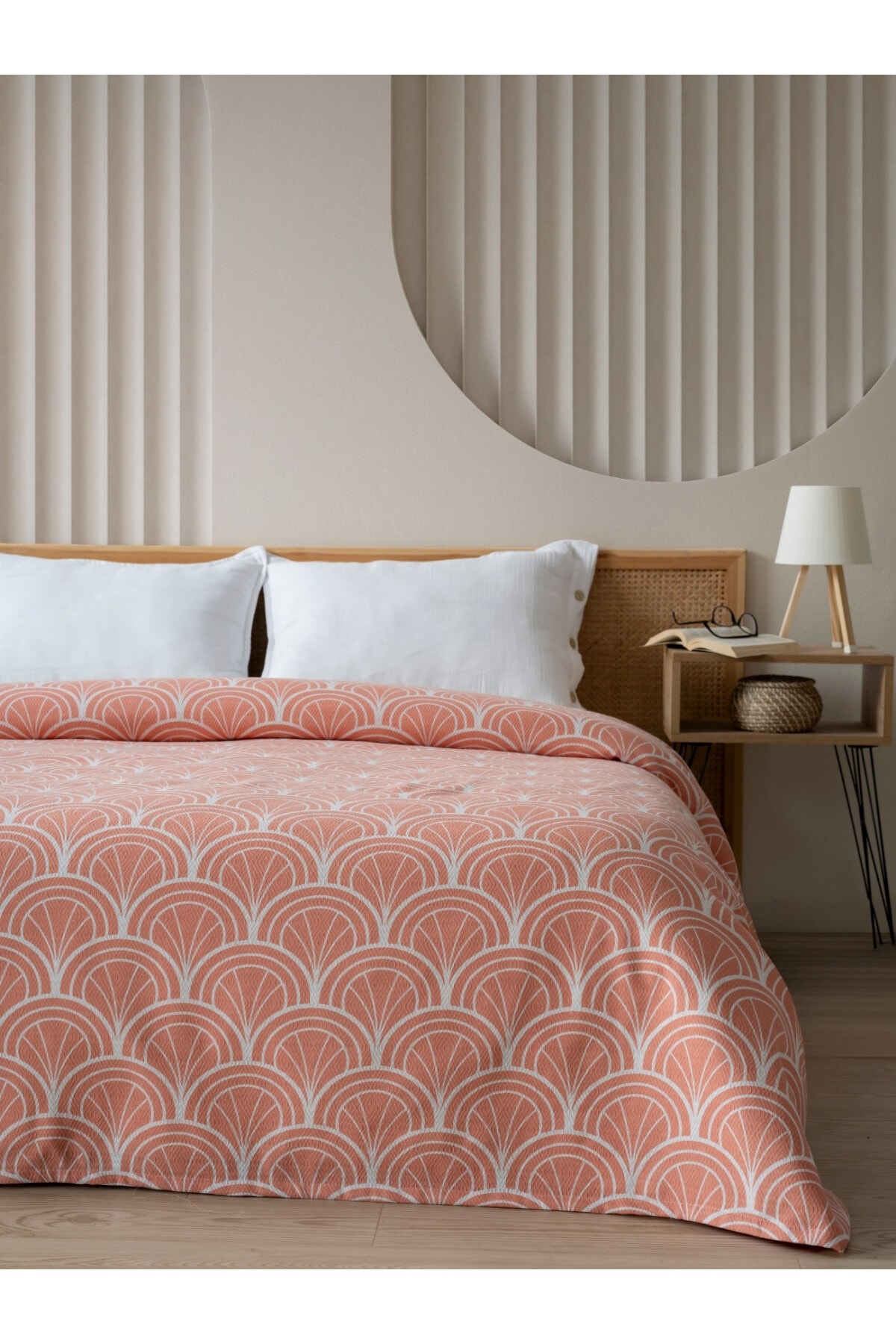 Baskılı Tek Kişlik Pike Yatak Örtüsü -Pamuk,Tek Kişilik Pike 160x240 cm) - somon