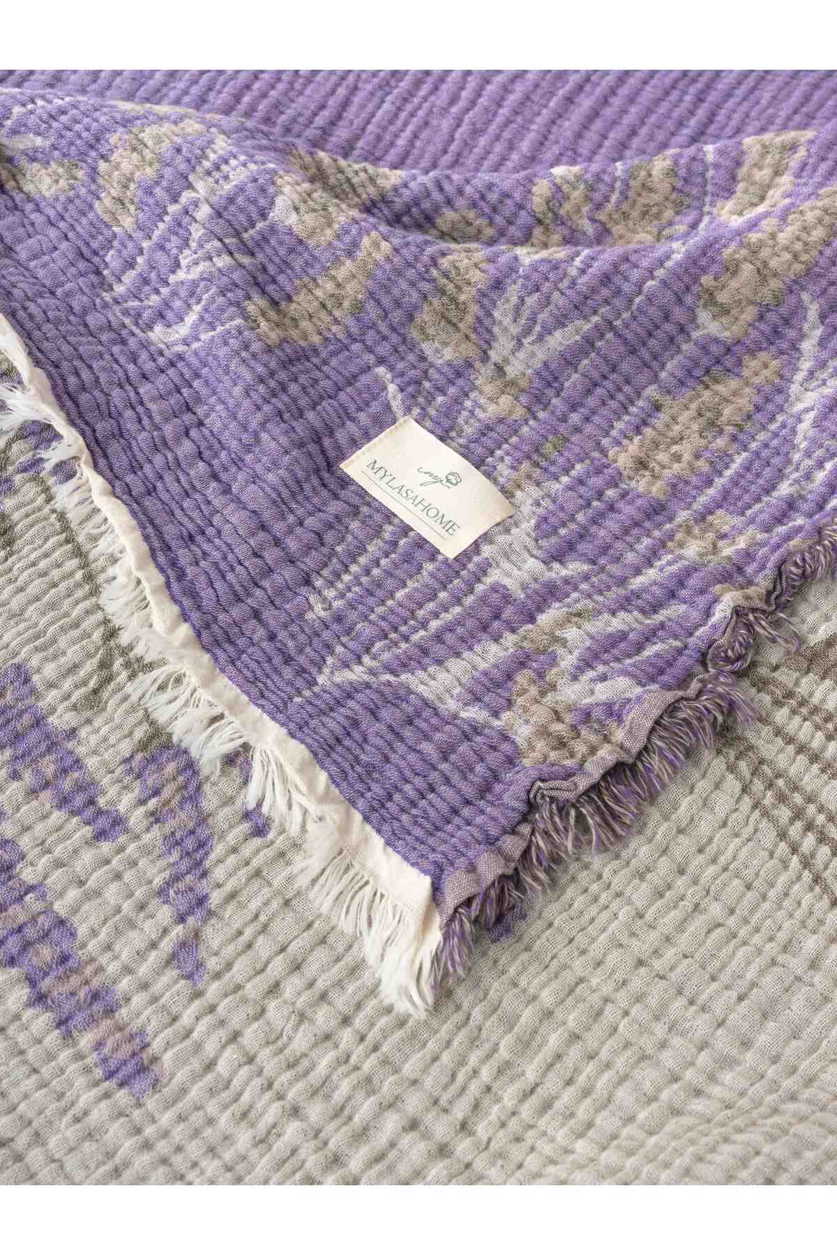 Çift Kişilik Lavanta Desenli %100 Organik Pamuk Müslin Yatak Örtüsü