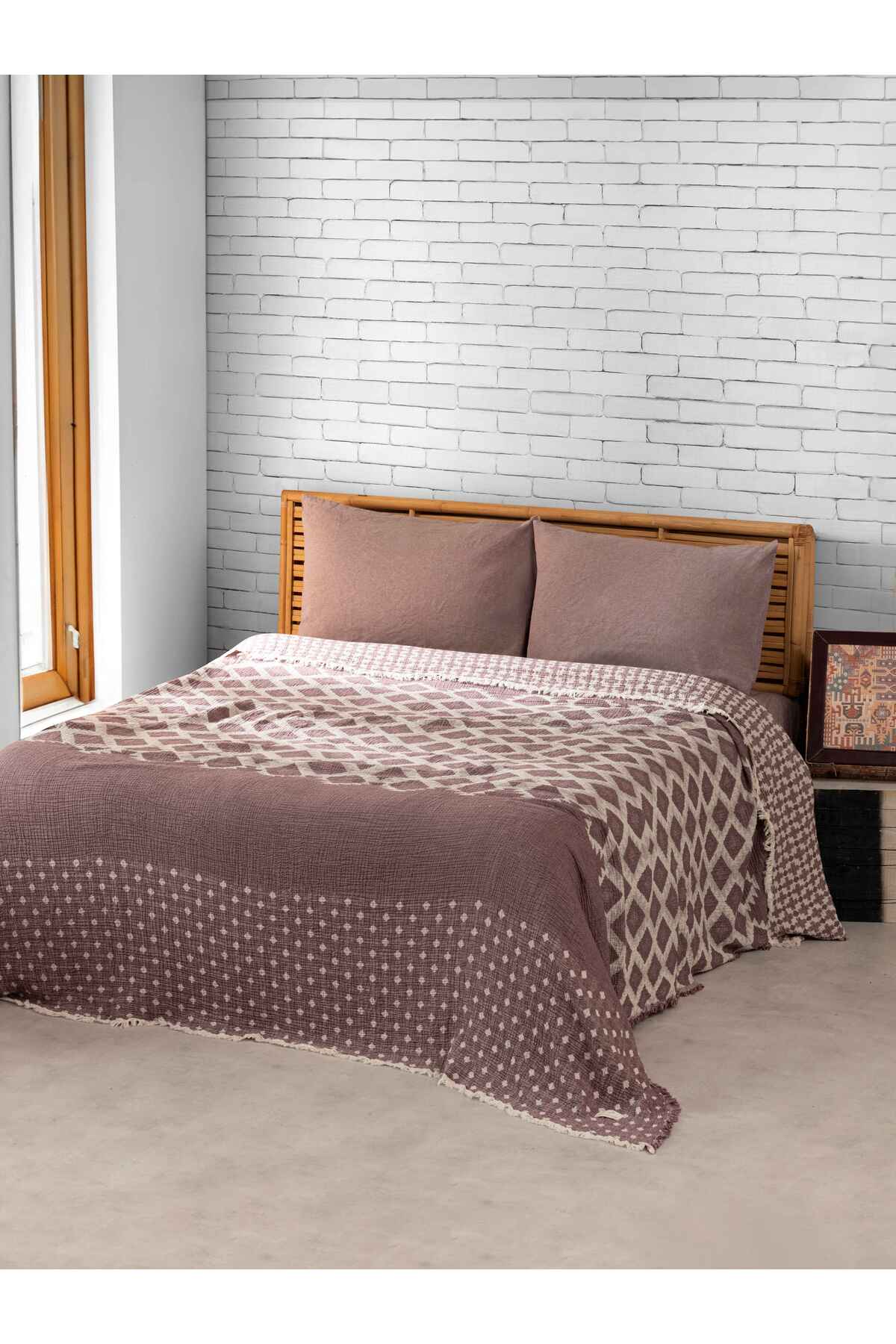 Çift Kişilik Etnik Desenli %100 Organik Pamuk Müslin Yatak Örtüsü - mor