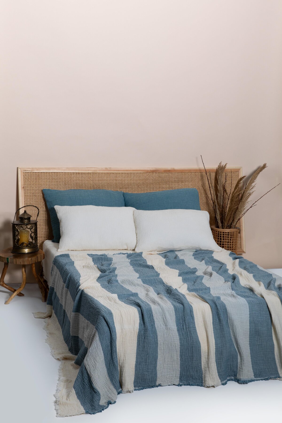 MylasaHome Çift Kişilik 4 Katlı Müslin Kalın Çizgili Yatak Örtüsü-Tv Battaniyesi 220x240