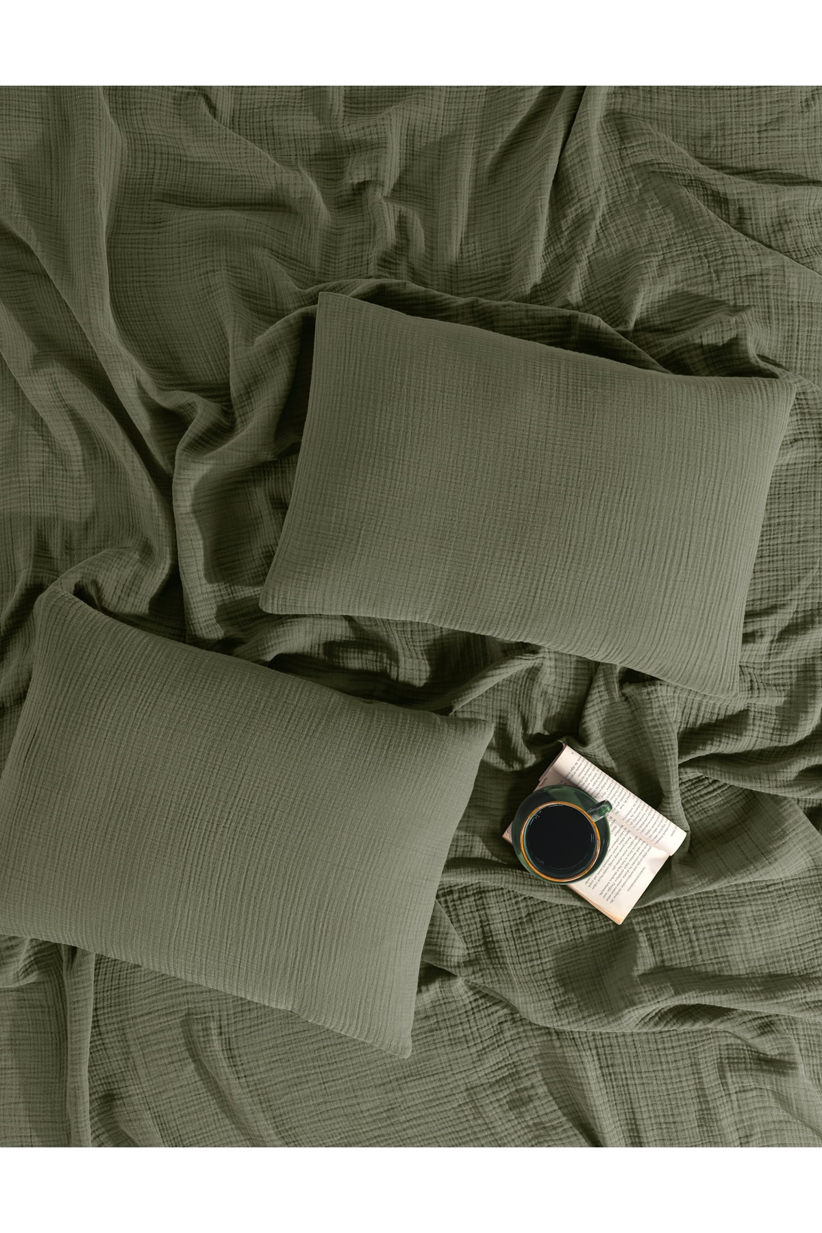 2'li 4 Katlı Müslin Yastık Kılıfı - 50x70 Cm %100 Pamuk Ütü Gerektirmez-haki