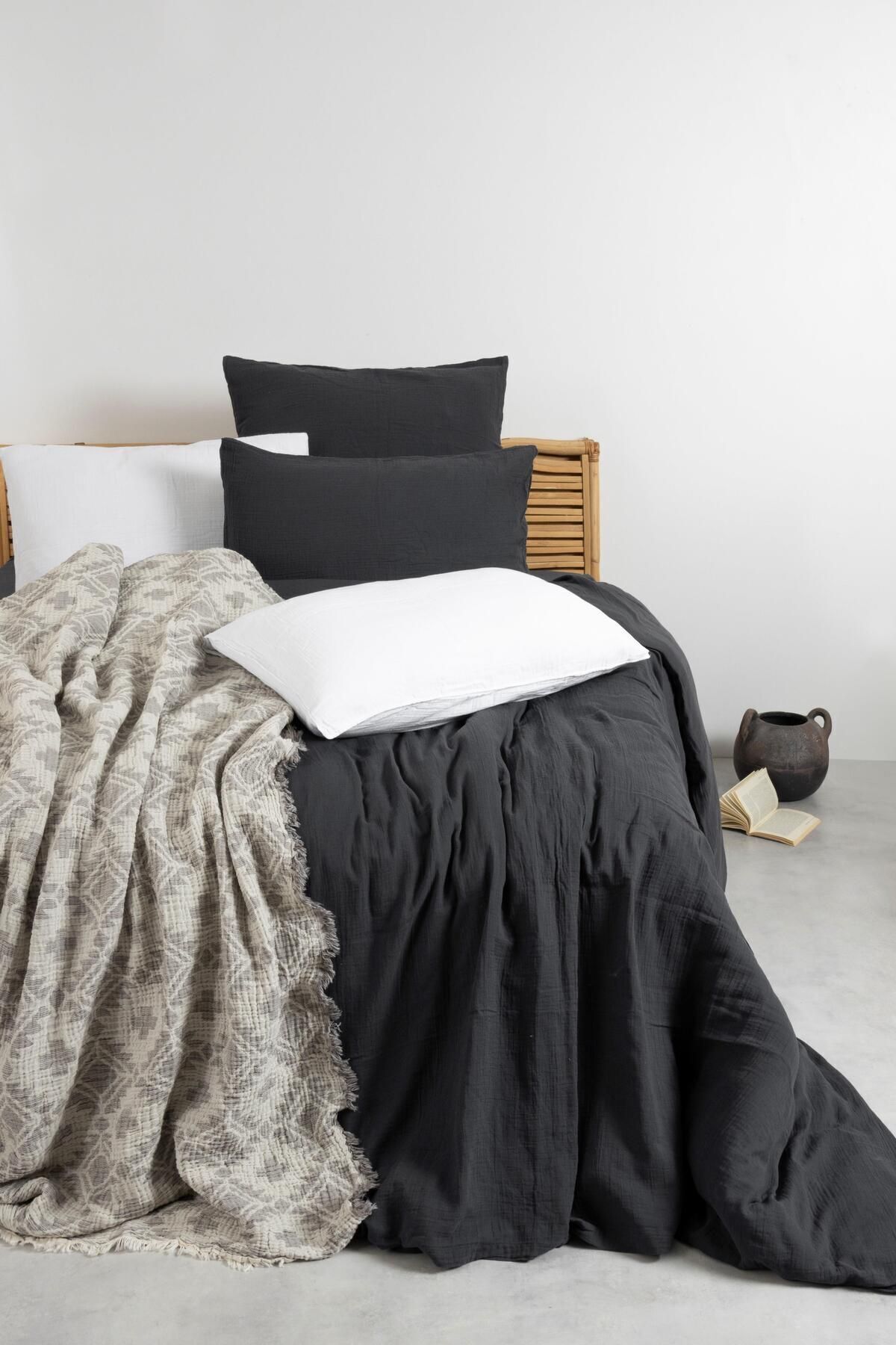Müslin Antrasit Çift Kişilik Nevresim Seti | Nevresim,yastık Kılıfı,lastikli Çarşaflı | - antrasit