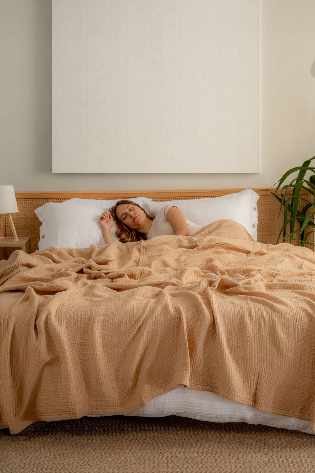 Müslin Yatak Örtüsü Ultra Yumuşak Yüksek Kaliteli 4 Kat Muslin Pike (Tek Kişilik (180x240 cm) - bej