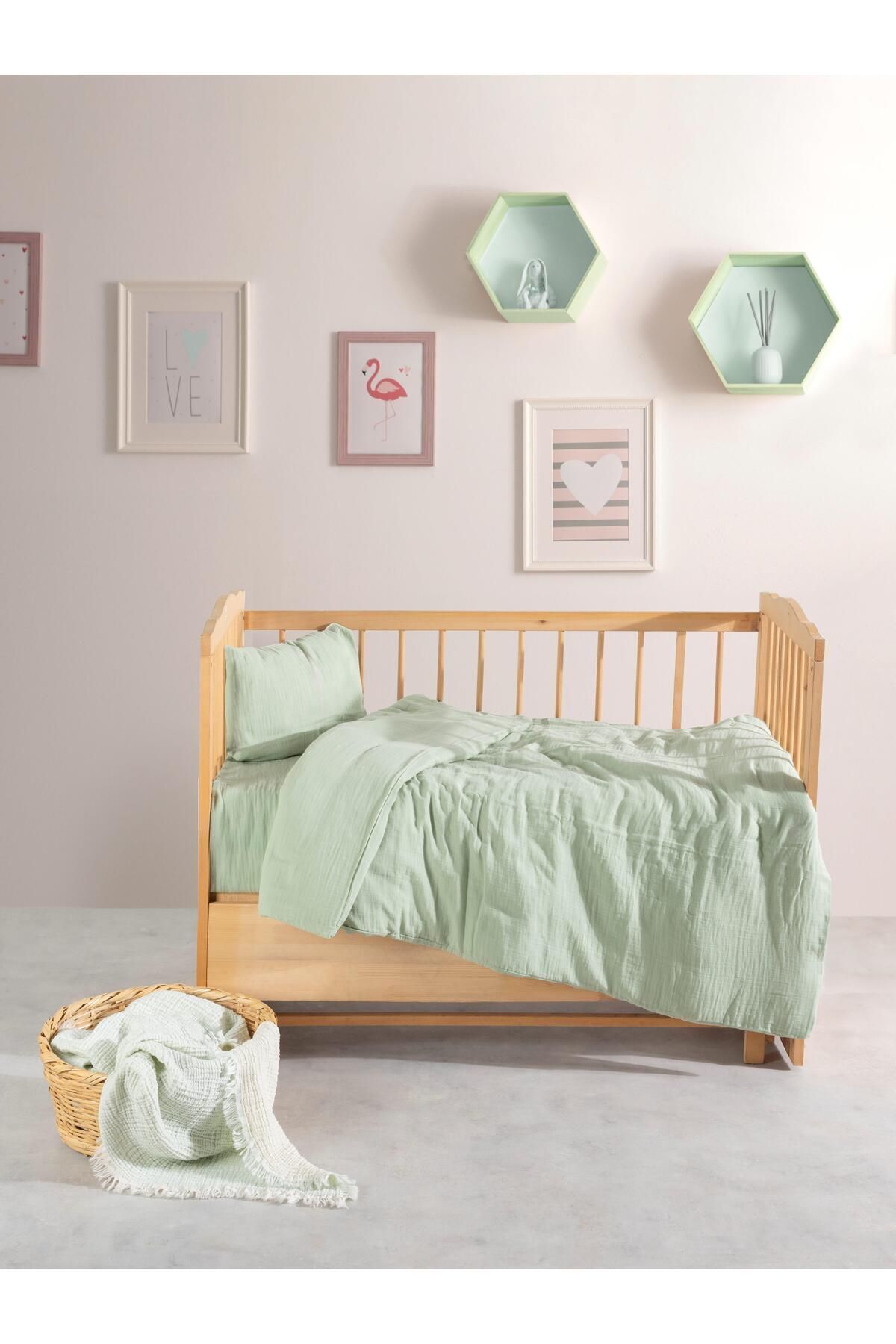 Müslin %100 Doğal Pamuk Gri Bebek Nevresim Seti 100 X 150cm - yeşil