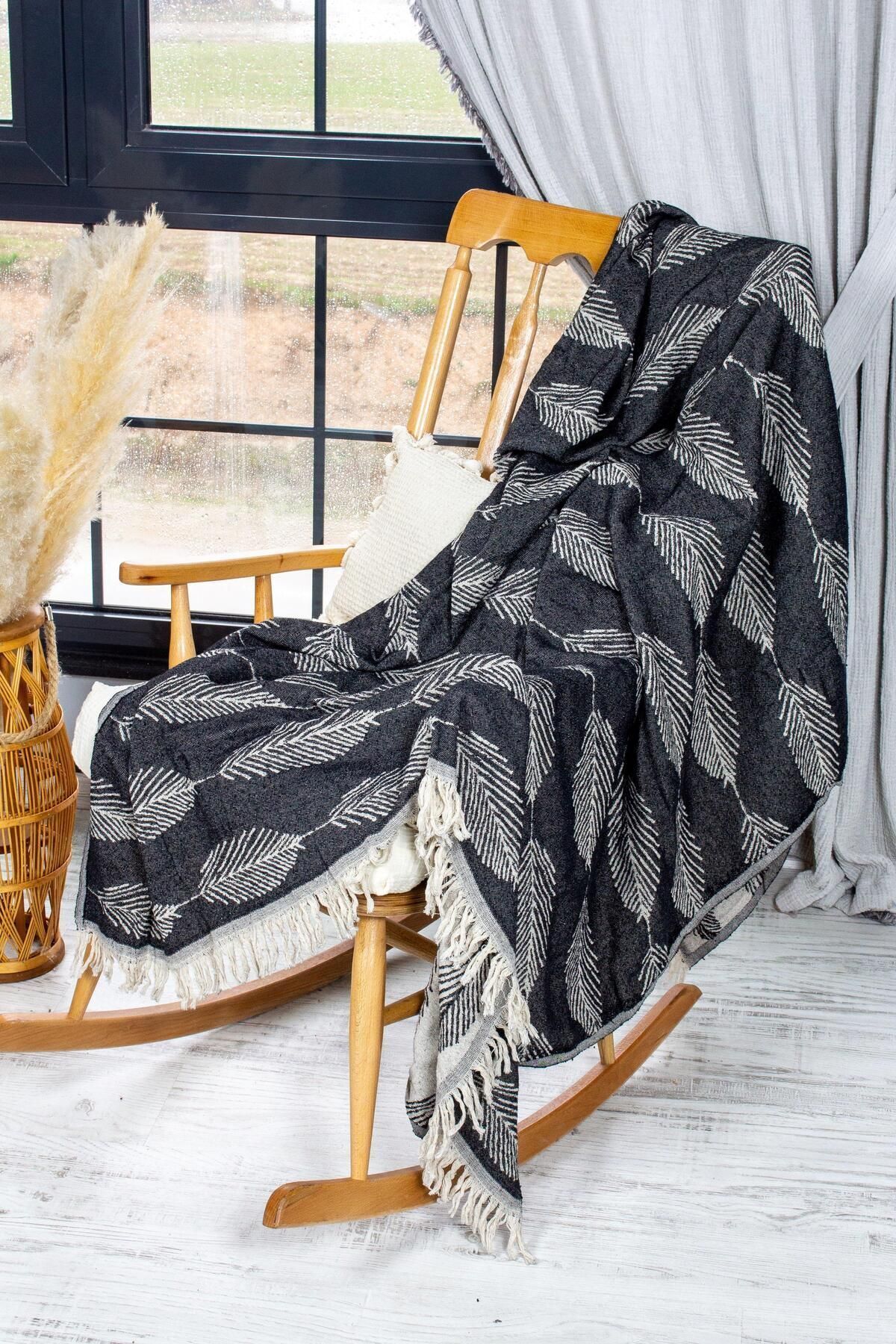 Koltuk Şalı,çok Amaçlı Örtü Pamuklu 140*190cm - siyah - leafy