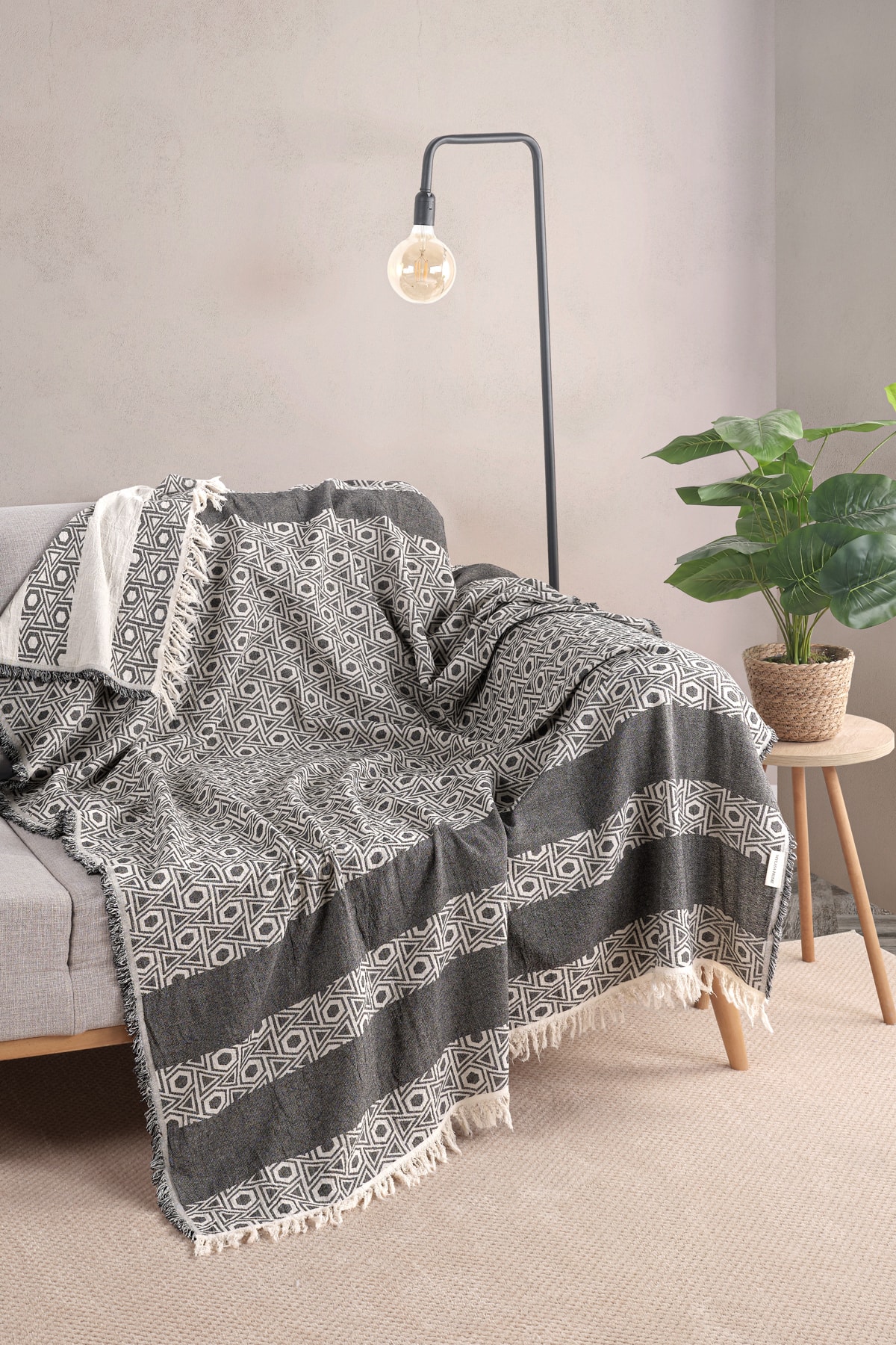 %100 Pamuk Signet Desenli Çok Amaçlı Koltuk Örtüsü 130x170 cm - siyah