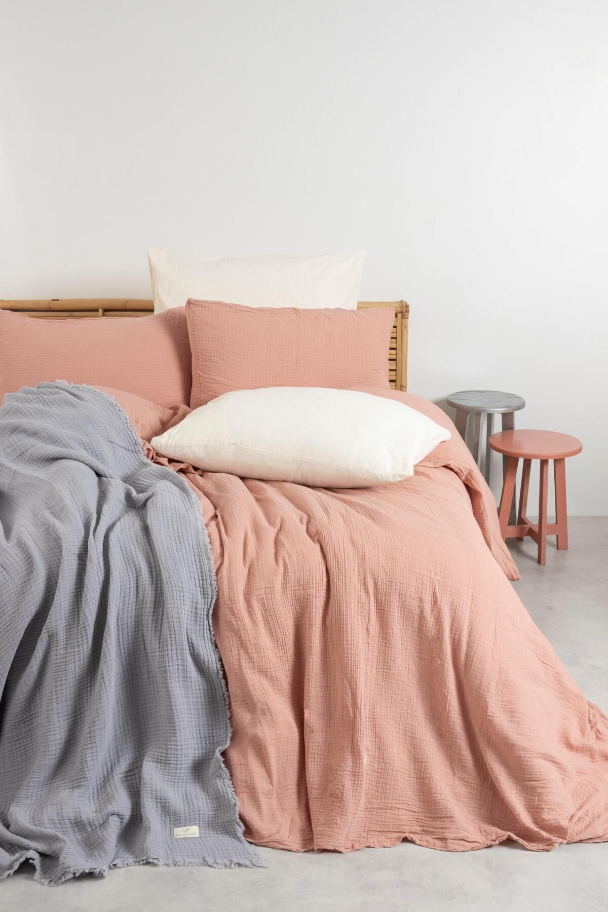 Müslin Antrasit Çift Kişilik Nevresim Seti | Nevresim,yastık Kılıfı,lastikli Çarşaflı | - pudra