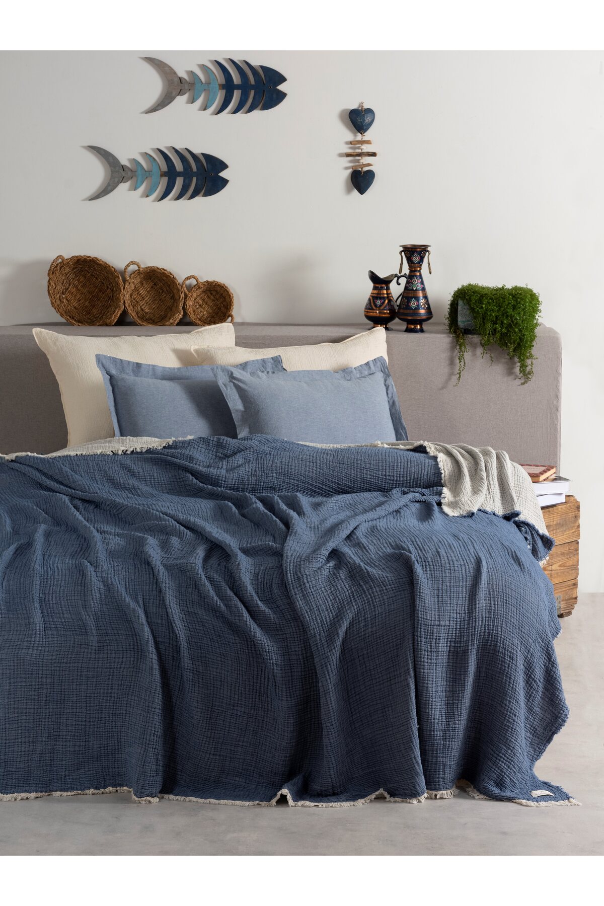 4 Katlı Müslin Yatak Örtüsü Tek Kişilik 160x220cm, Double Face Planets