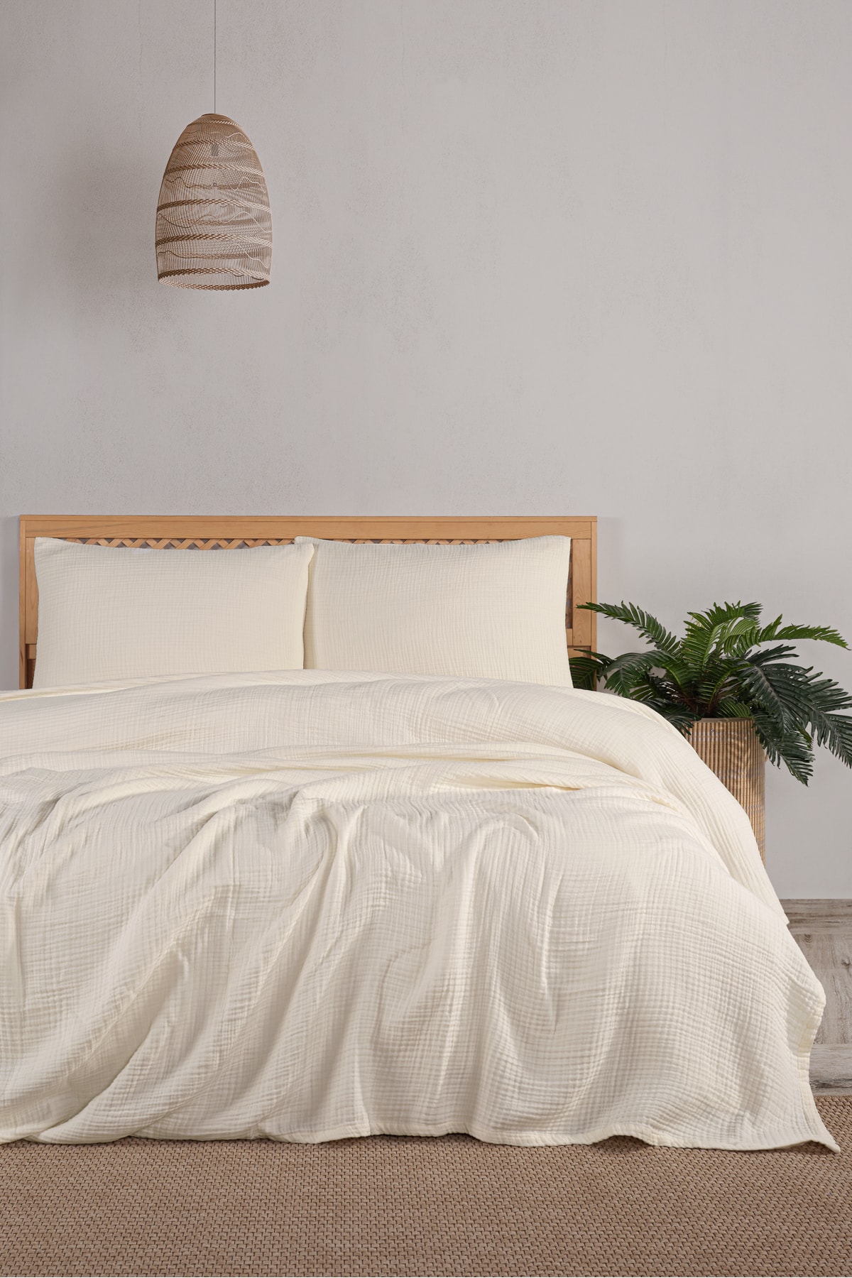 4 Katlı Müslin Çift Kişilik Yatak Örtüsü Seti-230x250 Cm,yazlık Pike & Yastık Kılıfı (3 PARÇA)-bej - krem