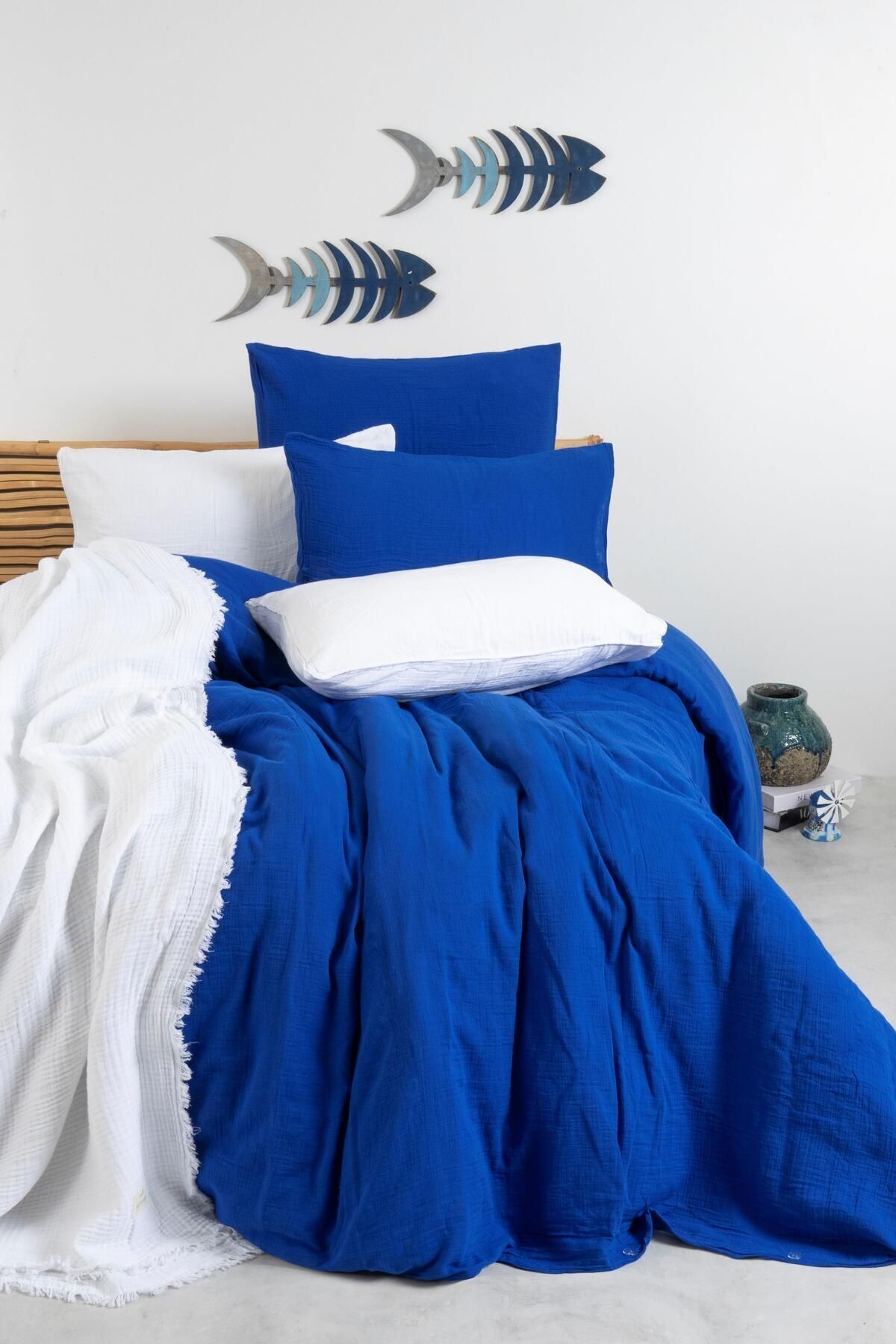 Müslin Antrasit Çift Kişilik Nevresim Seti | Nevresim,yastık Kılıfı,lastikli Çarşaflı | - saks mavisi