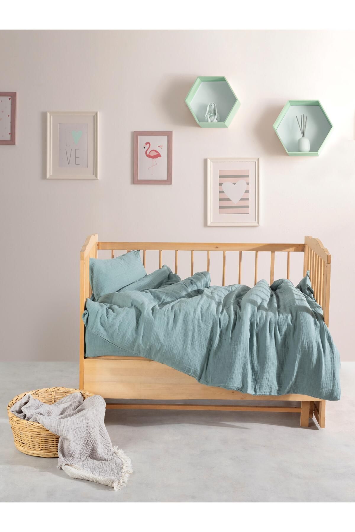 Müslin %100 Doğal Pamuk Gri Bebek Nevresim Seti 100 X 150cm - mavi