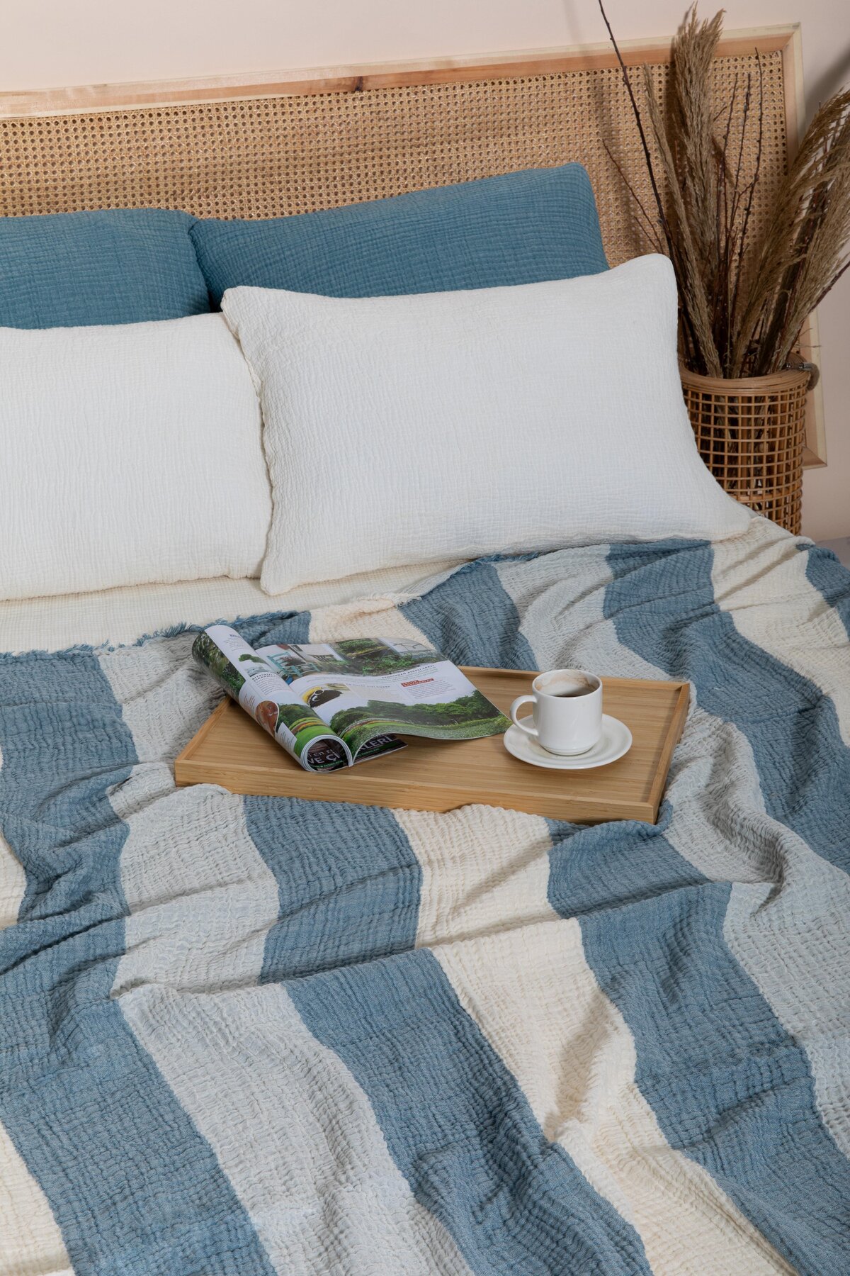 MylasaHome Çift Kişilik 4 Katlı Müslin Kalın Çizgili Yatak Örtüsü-Tv Battaniyesi 220x240