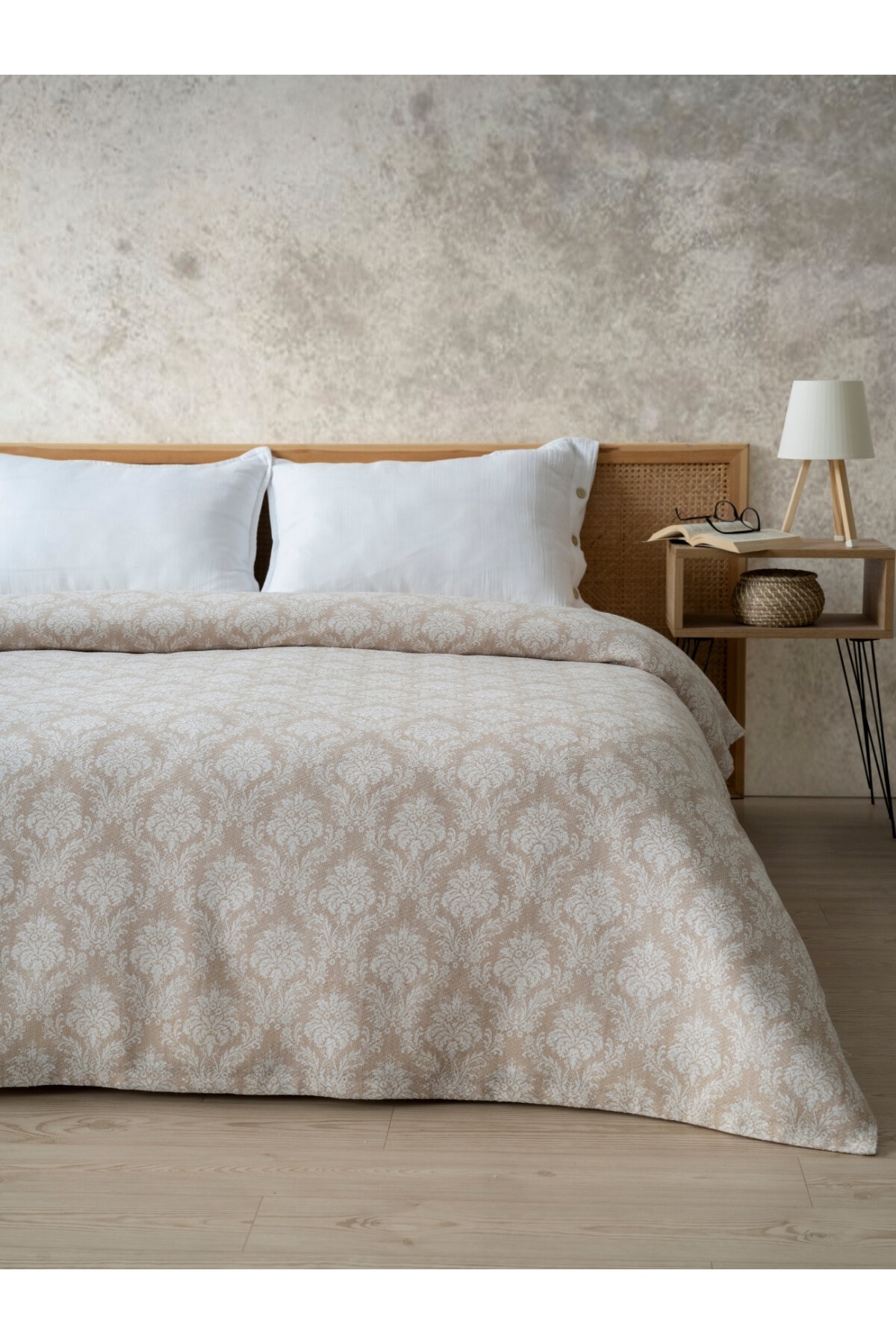 Baskılı Tek Kişlik Pike Yatak Örtüsü -Pamuk,Tek Kişilik Pike 160x240 cm) - bej