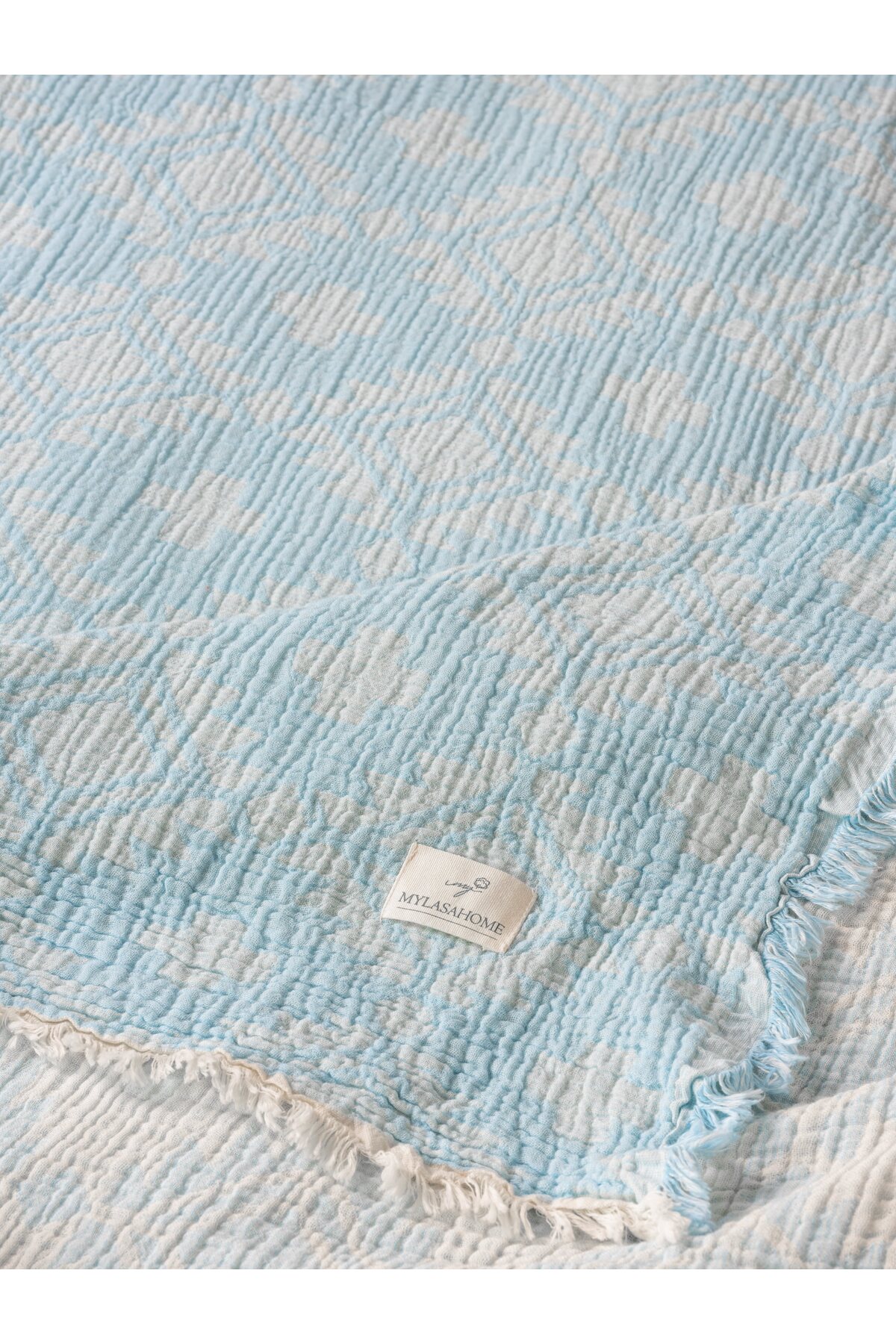 Müslin 4 Katlı Aztec Desenli (Jakarlı) Çift Kişilik Yatak Örtüsü-Yazlık Pike 220x240cm