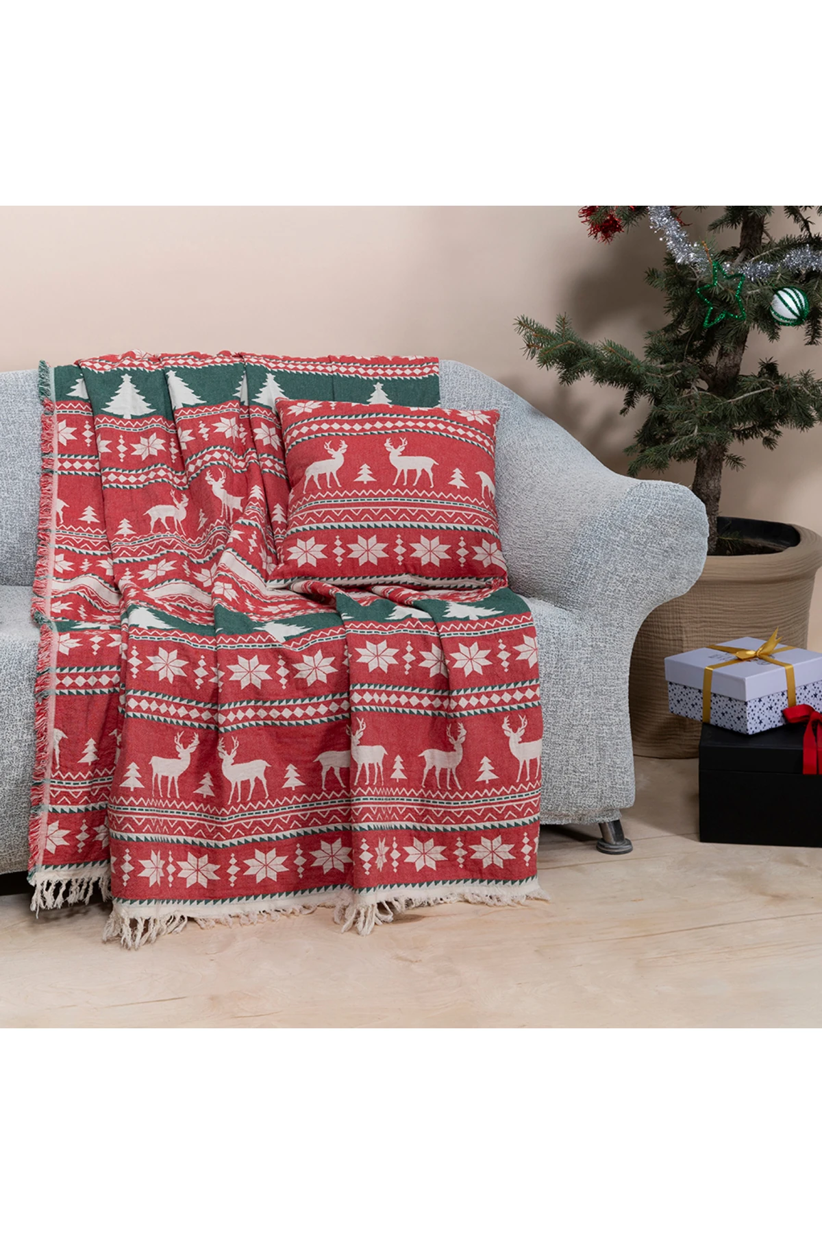 %100 Pamuk Yılbaşı Throw & Yılbaşı Kırlent Seti