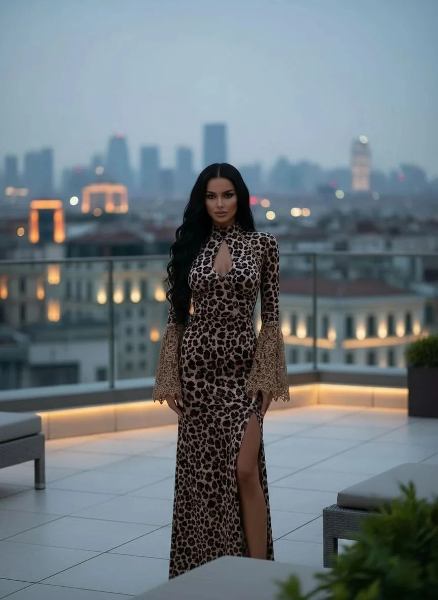 Mikro kumaş dijital baskı maxi boy elbise