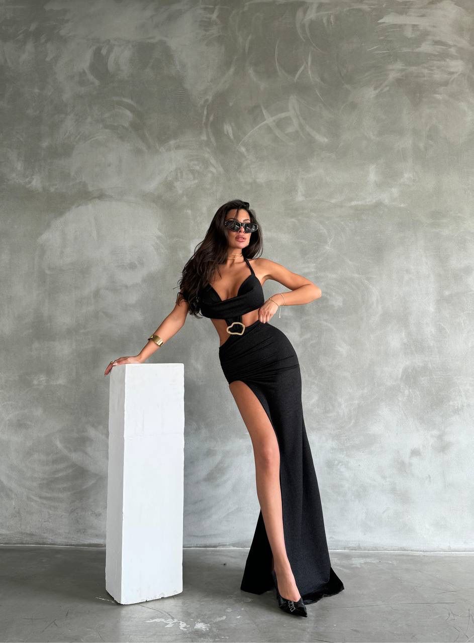 Maxi boy Çelik aksesuar detay elbise