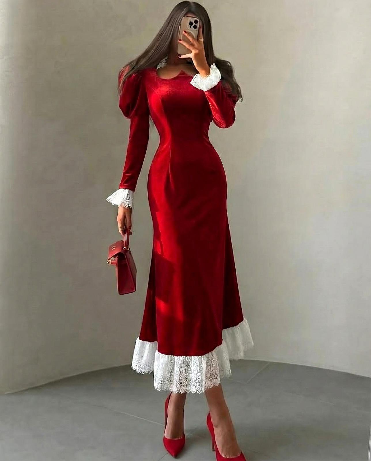 Kadife kumaş güpür detaylı elbise  - Kırmızı