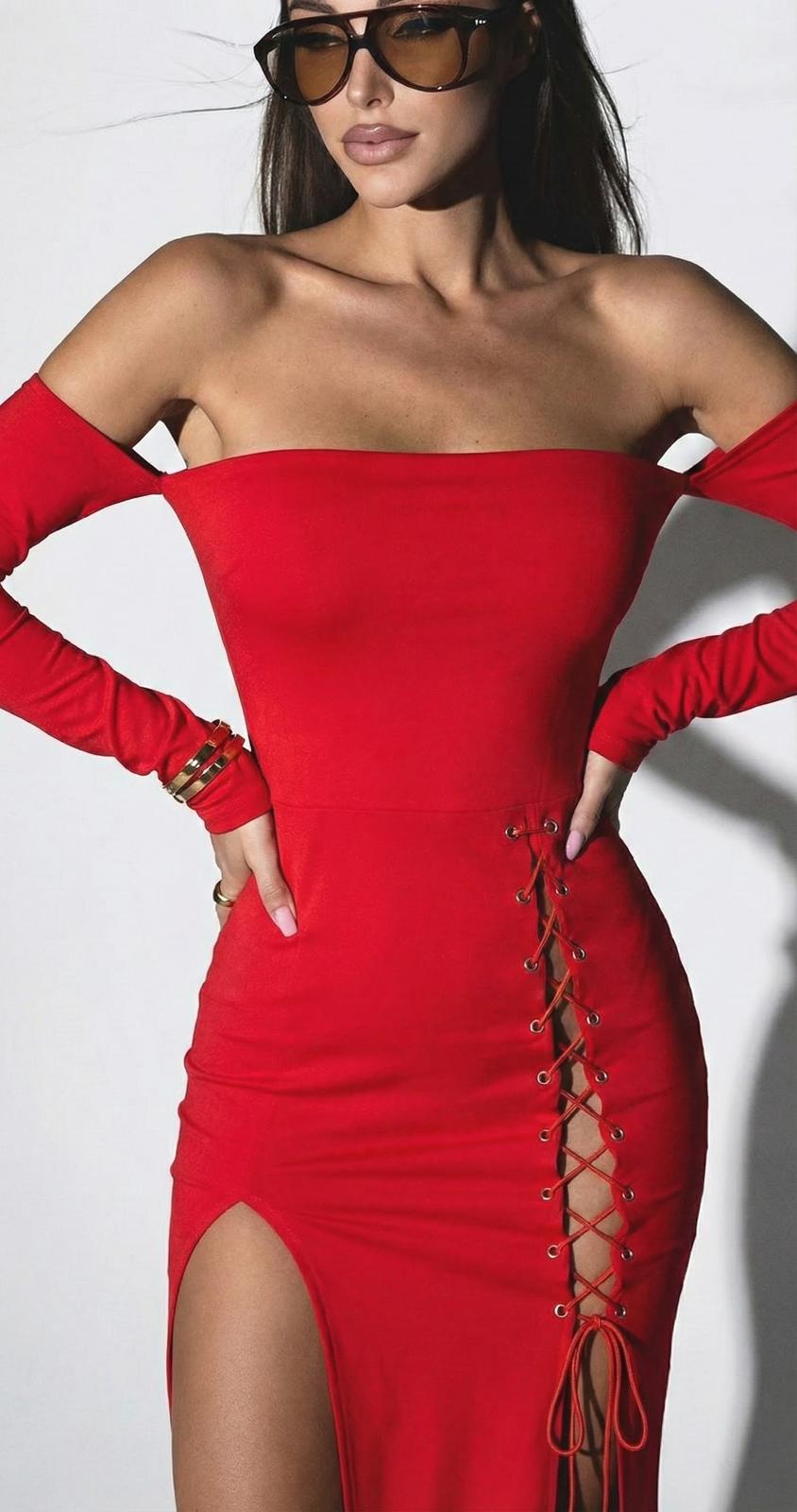 Straplez maxi boy elbise  - Kırmızı