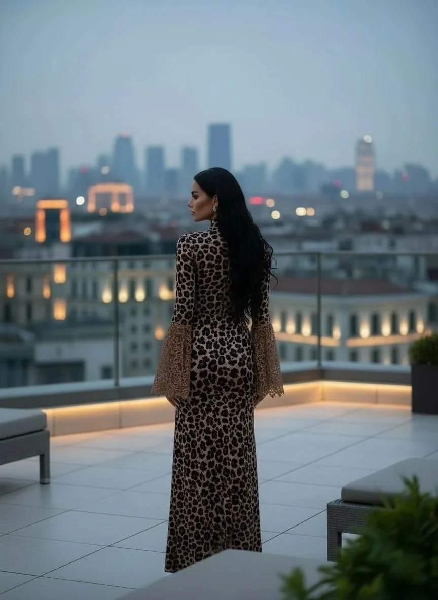 Mikro kumaş dijital baskı maxi boy elbise