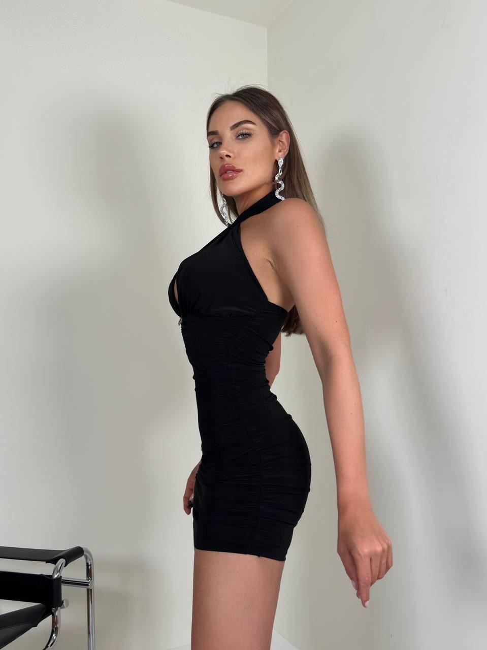Halka detay büzgülü mini elbise
