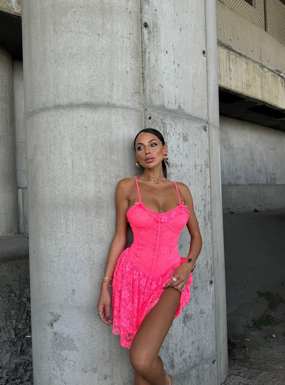 Esnek LZ dantel tulum elbise - Pembe