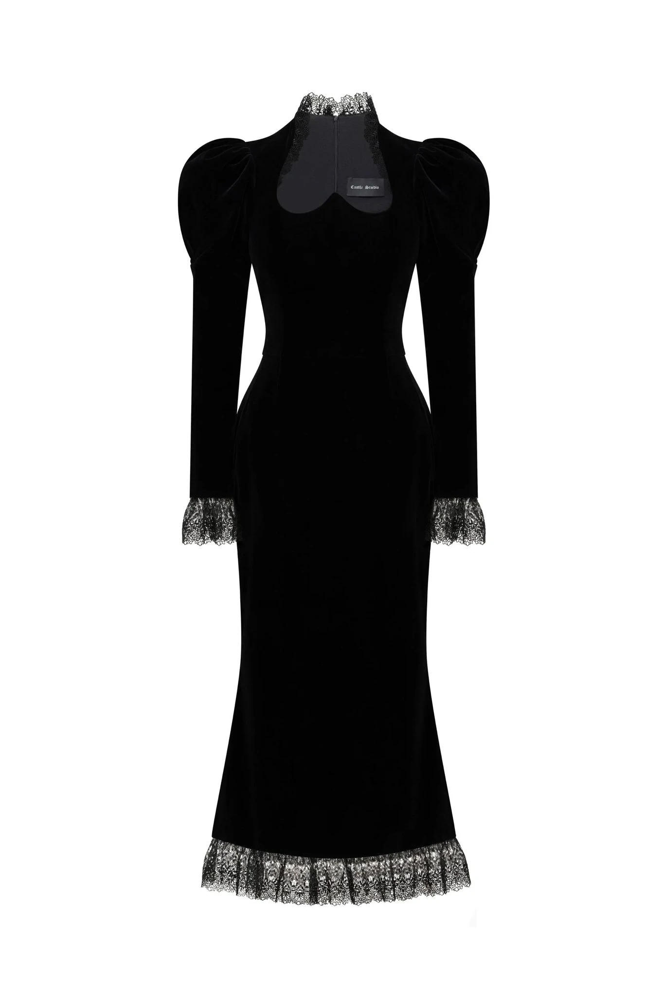 Kadife kumaş güpür detaylı elbise 