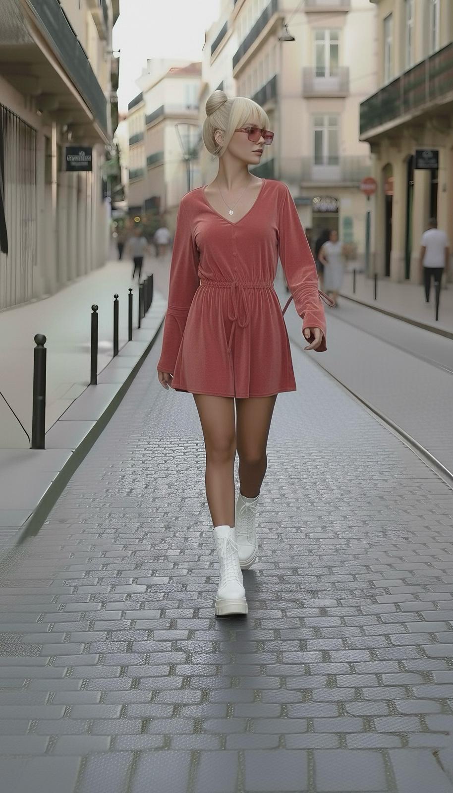 Fransız Kadife Kloş Tulum - Gül Kurusu