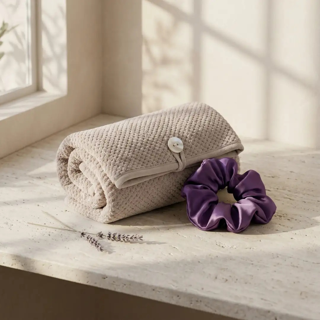Gelin ve çeyiz hediyesi banyo seti; saten scrunchie toka ve düğmeli saç havlusu | Salvia Dione