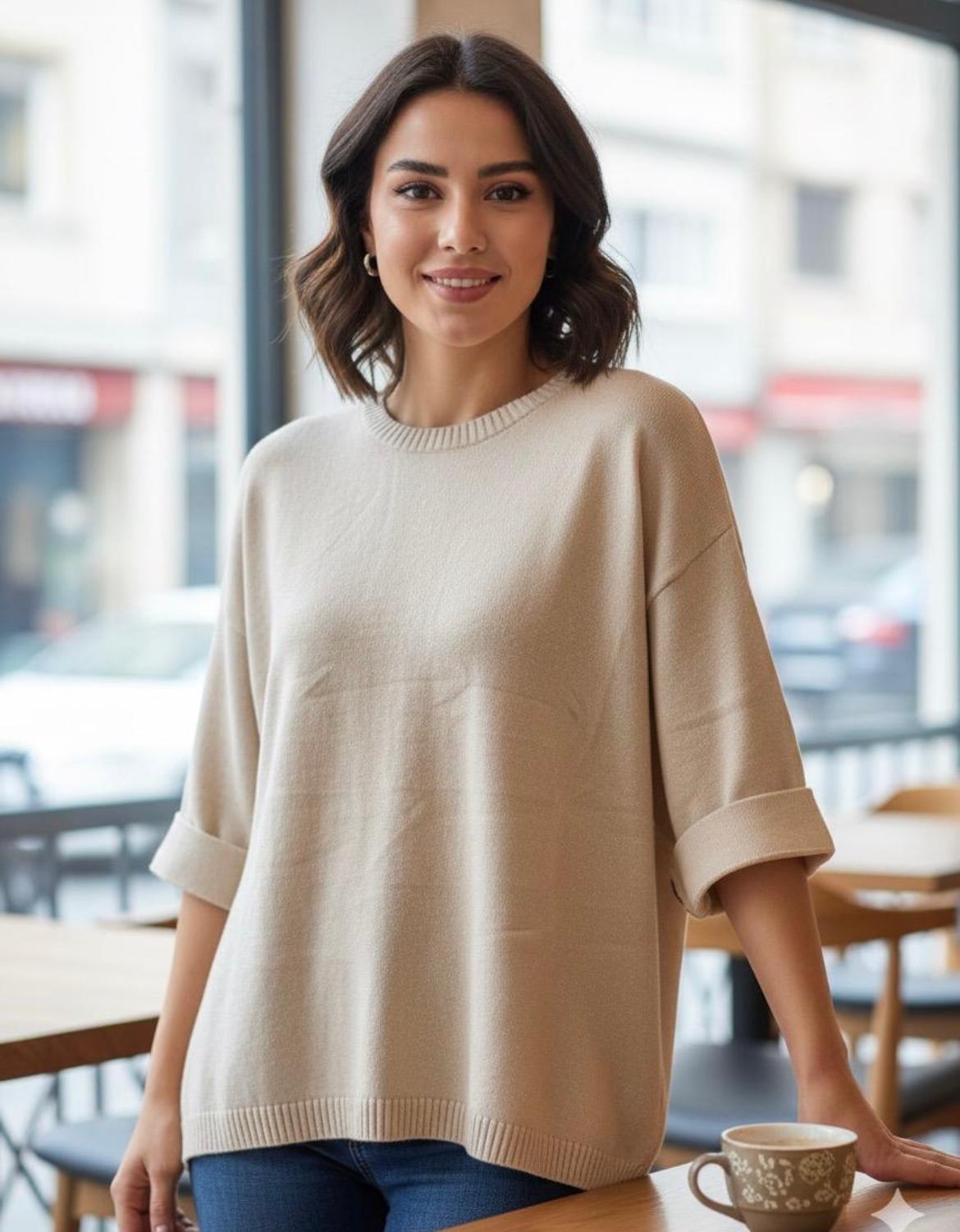 Kol düğmeli italyan angora bluz - Bej