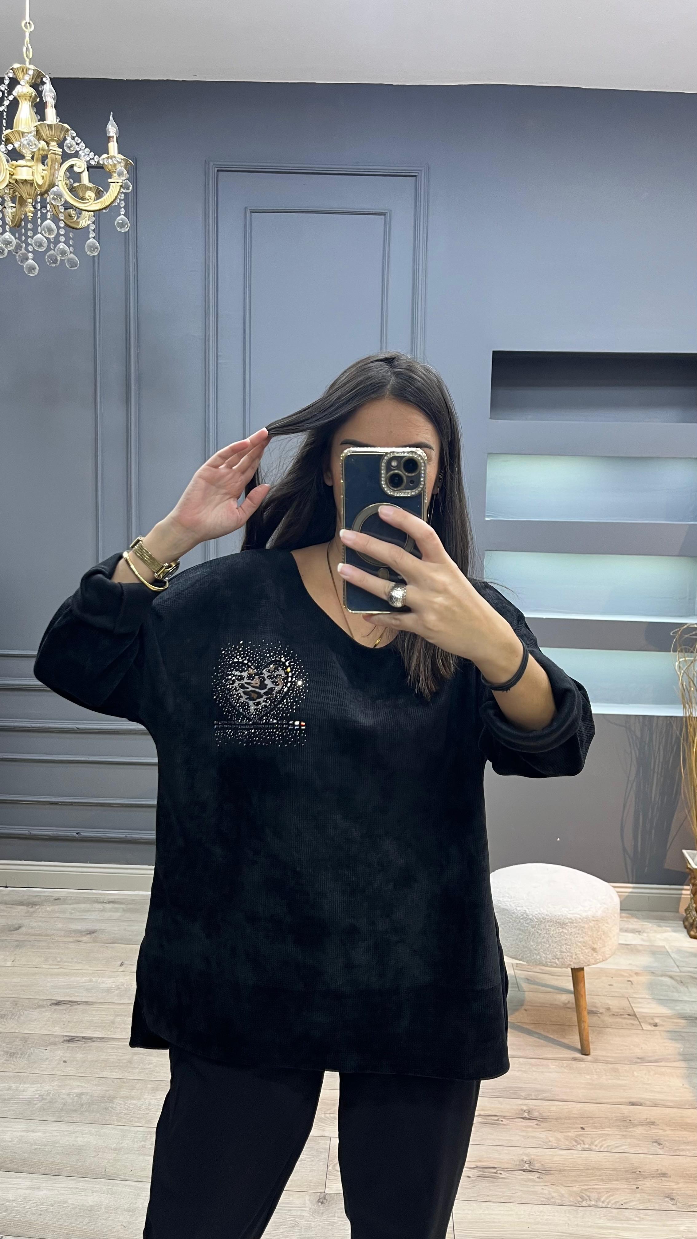 Kadife Büyük Beden Bluz - Siyah