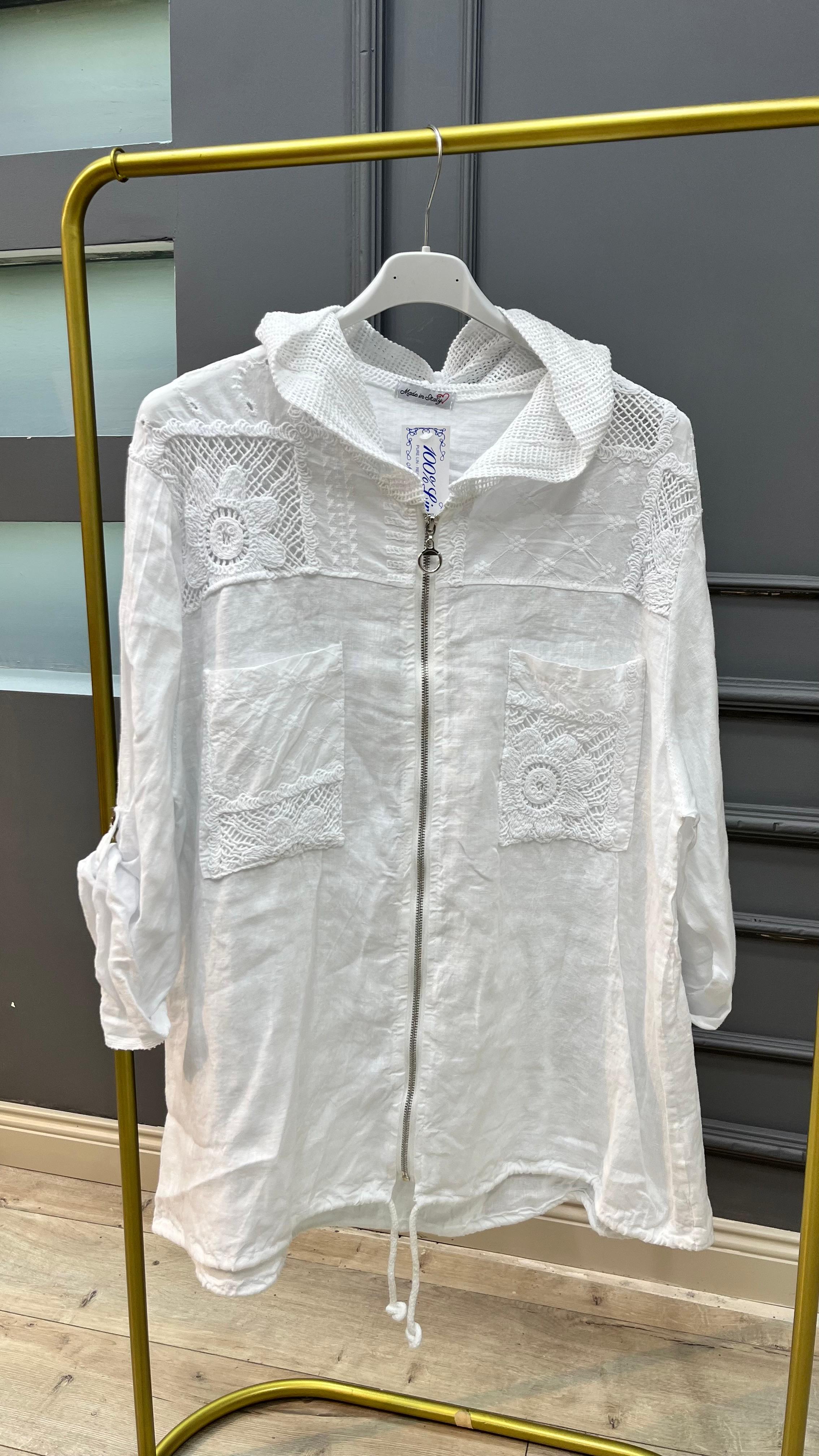 Keten Fermuarlı Bluz - Beyaz