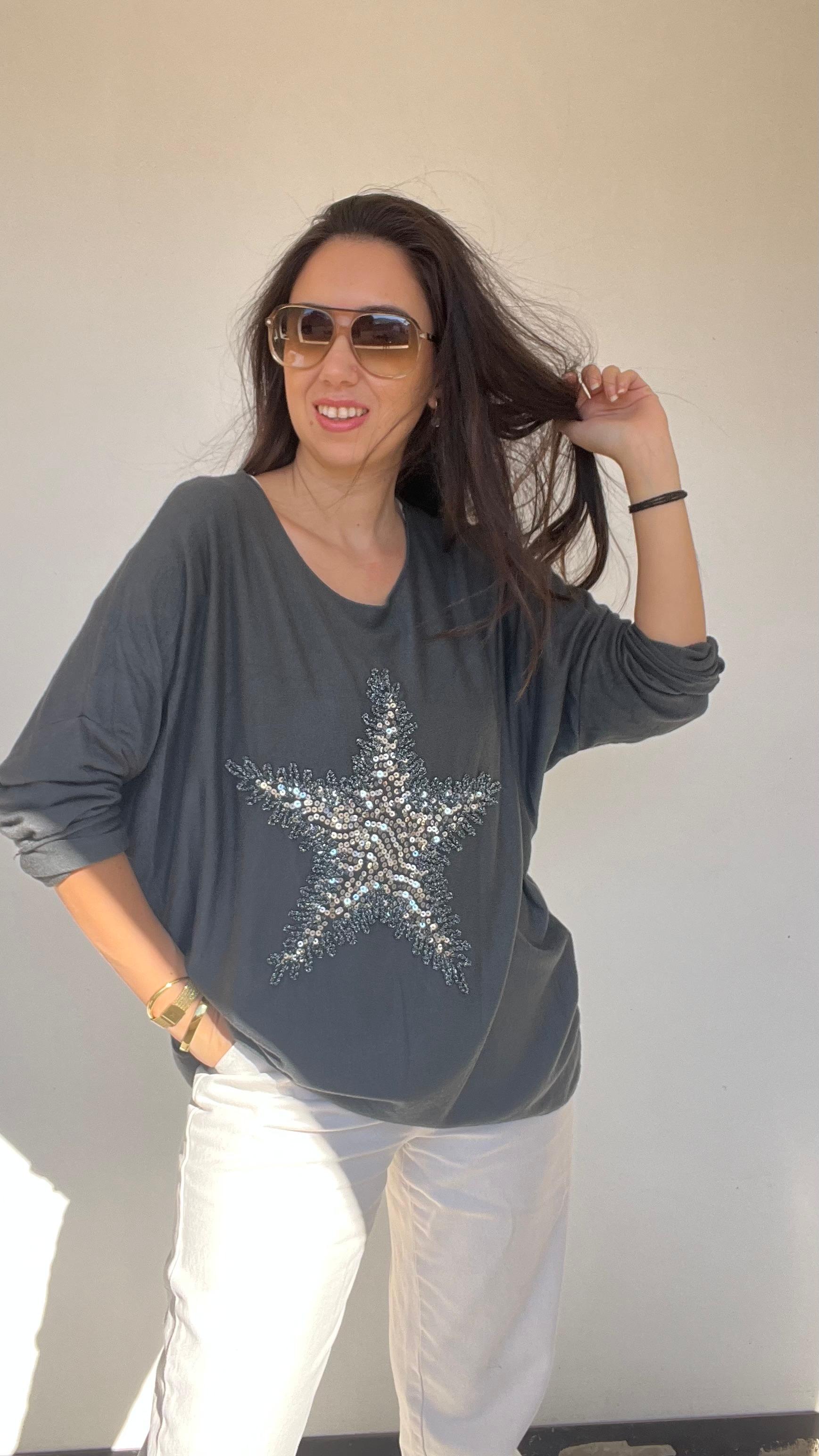 Standart Yıldız Desenli Bluz - Antrasit