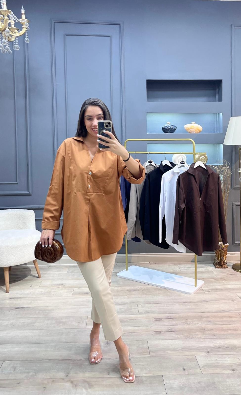 Likralı Gömlek - Camel