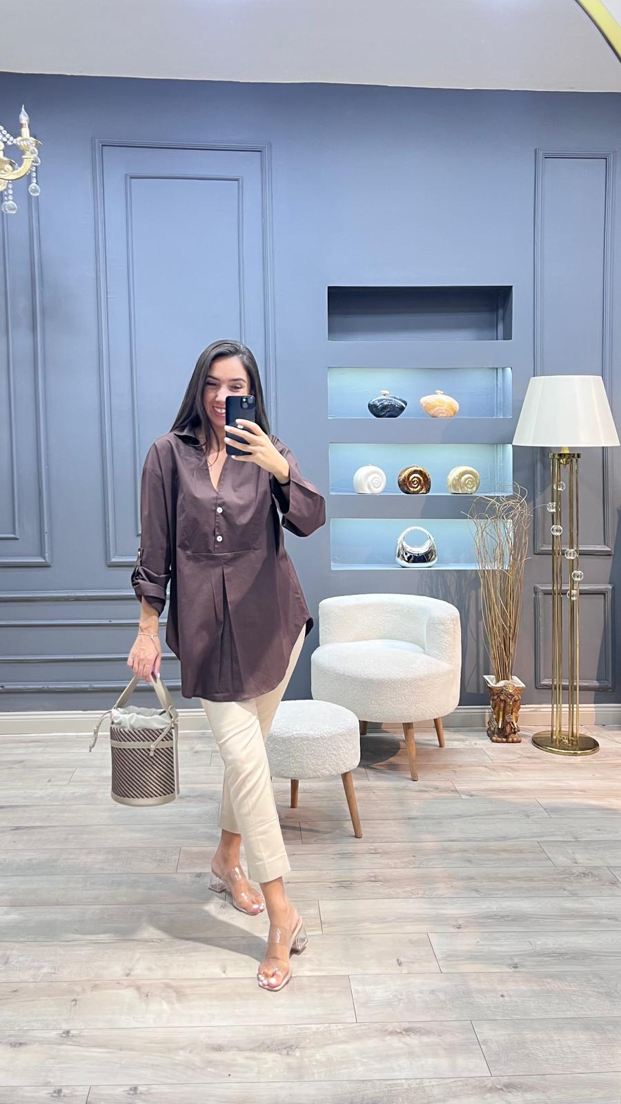 Likralı Gömlek - Kahverengi