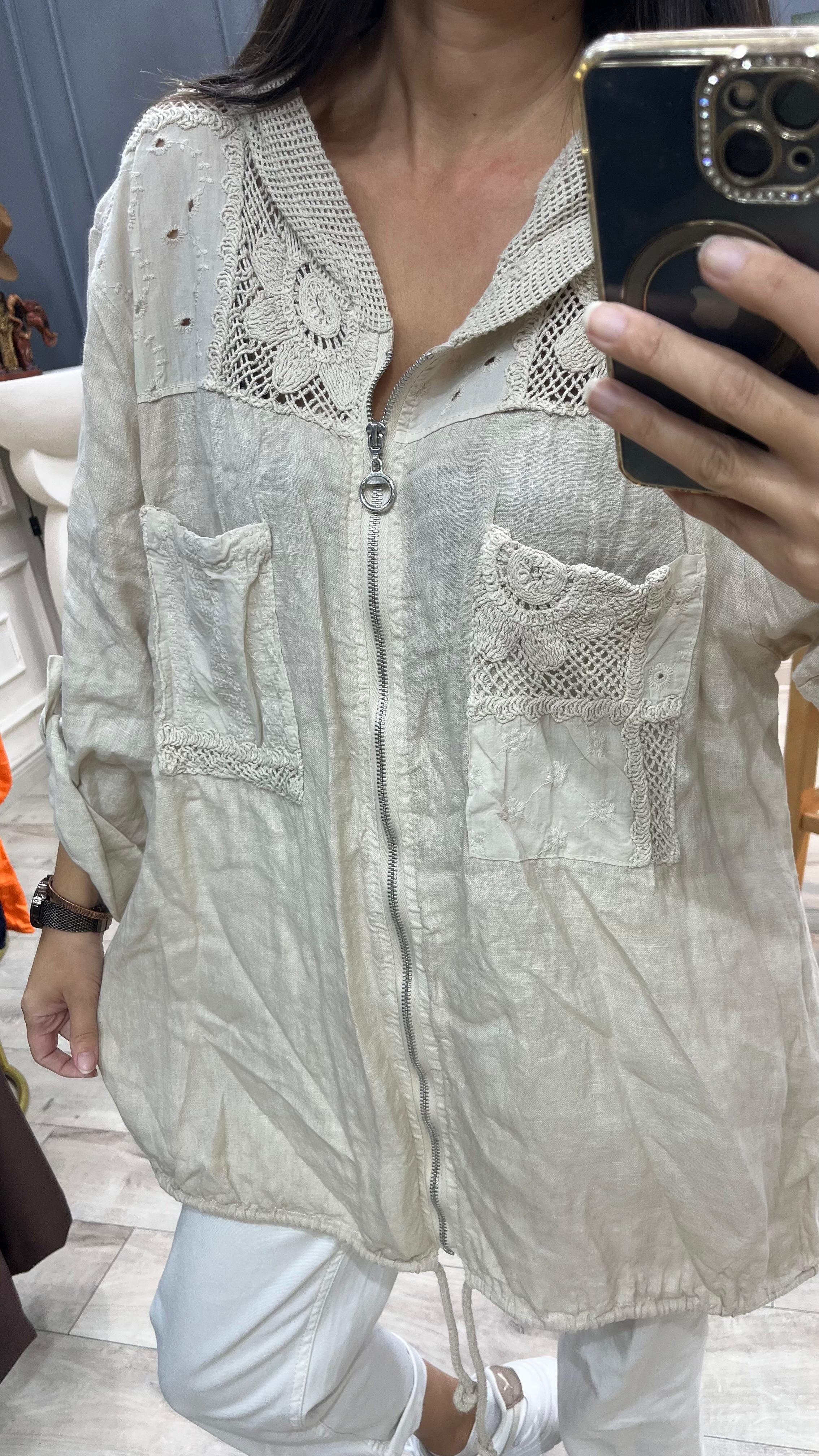 Keten Fermuarlı Bluz - Bej