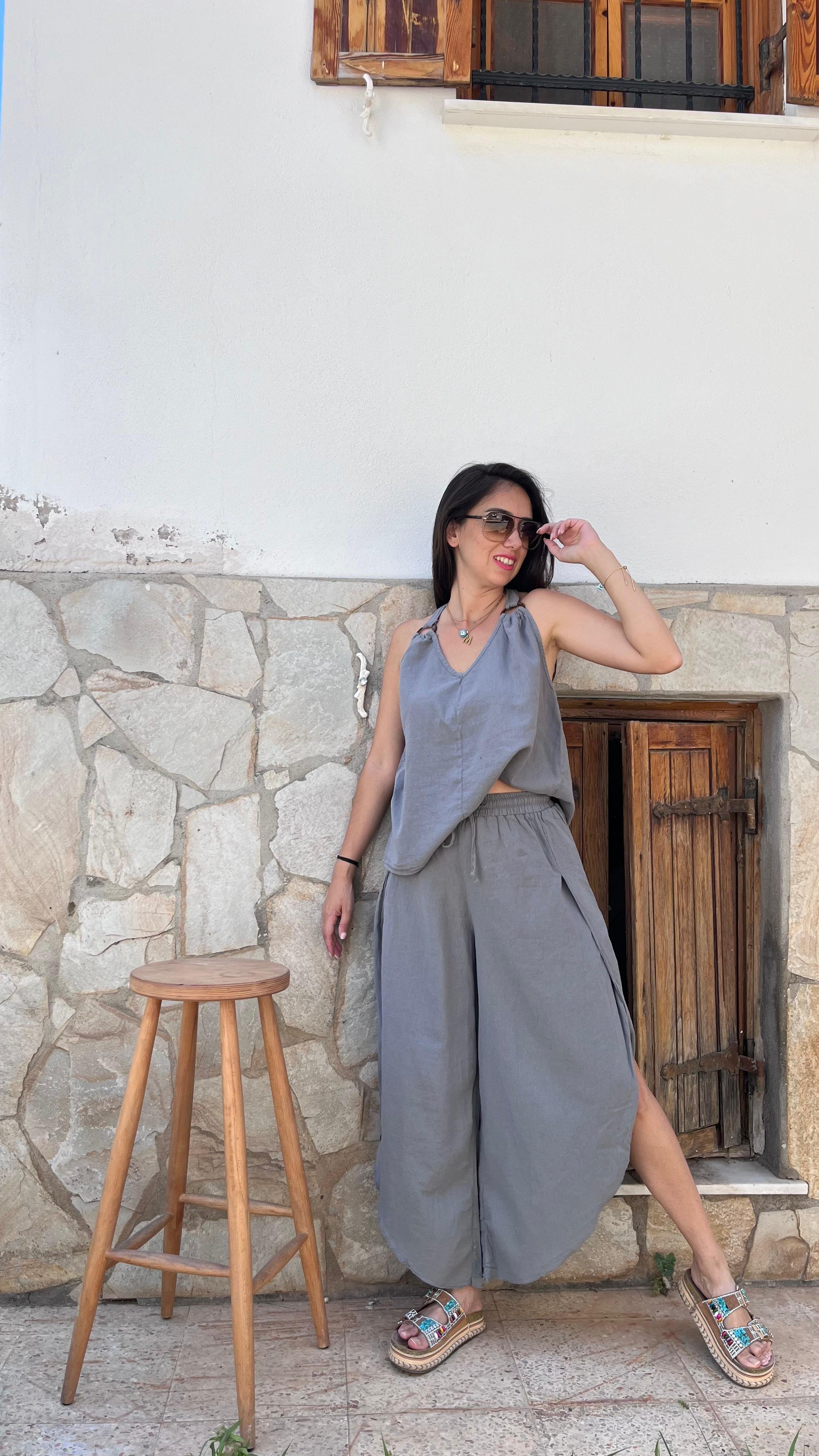 Halka Detaylı Bluz Yırtmaçlı Pantolon Takım - Gri