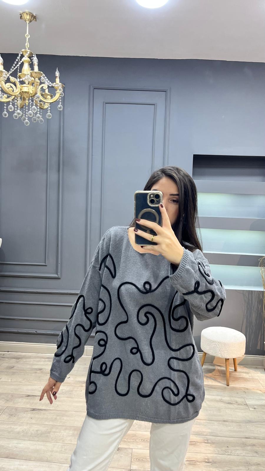 Çizgili İtalyan Bluz - Gri