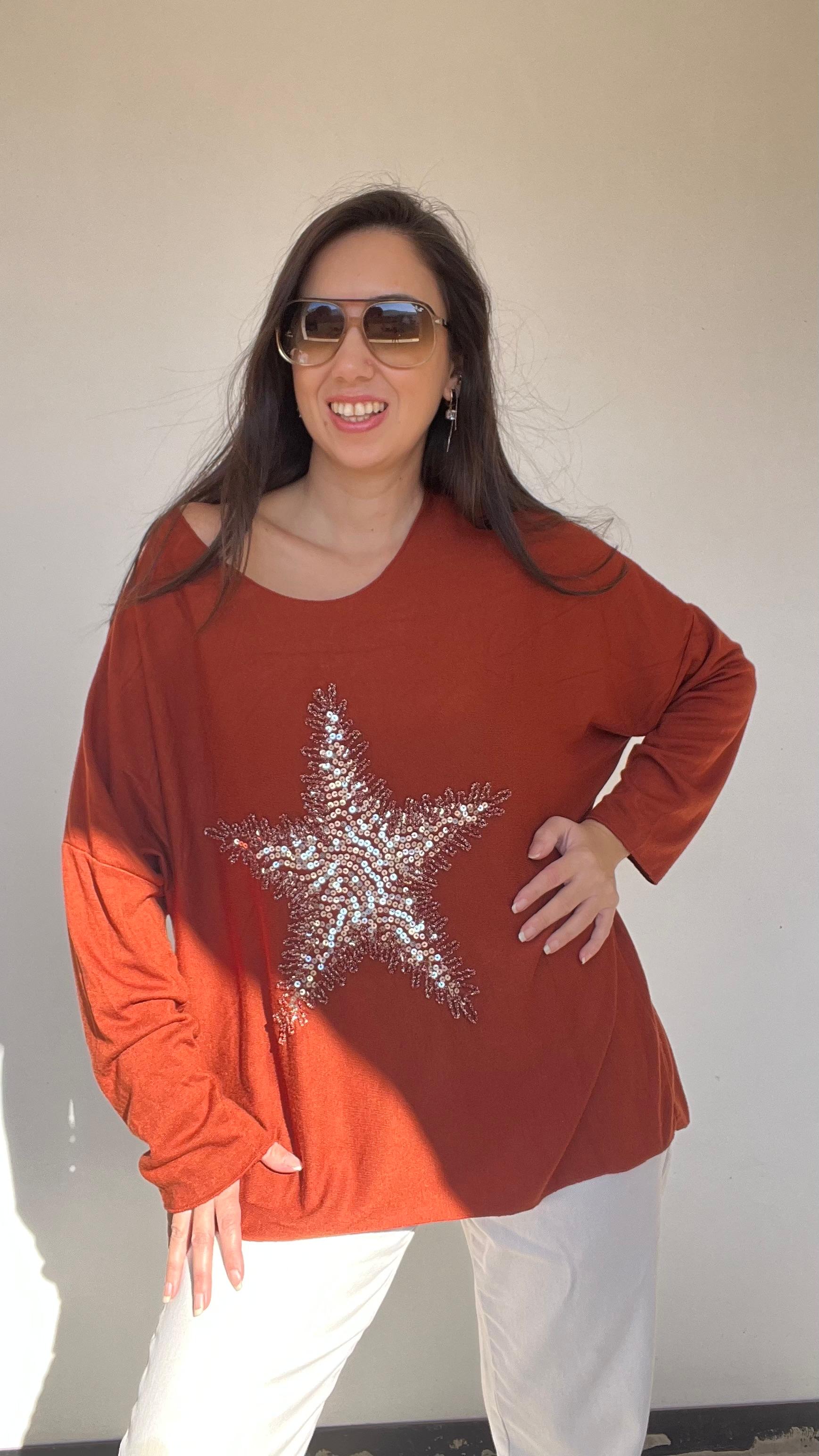 Standart Yıldız Desenli Bluz - Kiremit