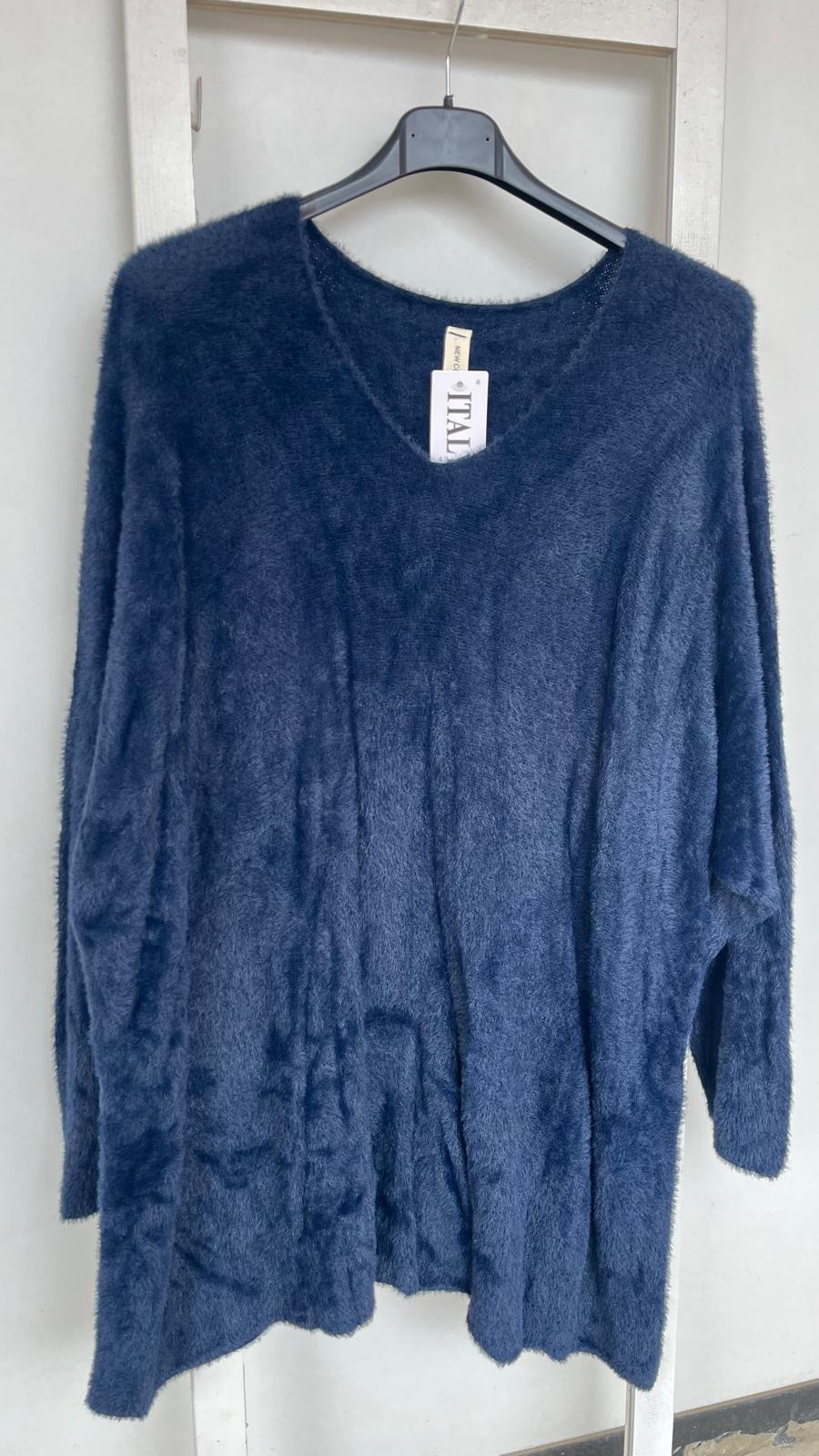 V Yaka Angora Bluz - Mavi
