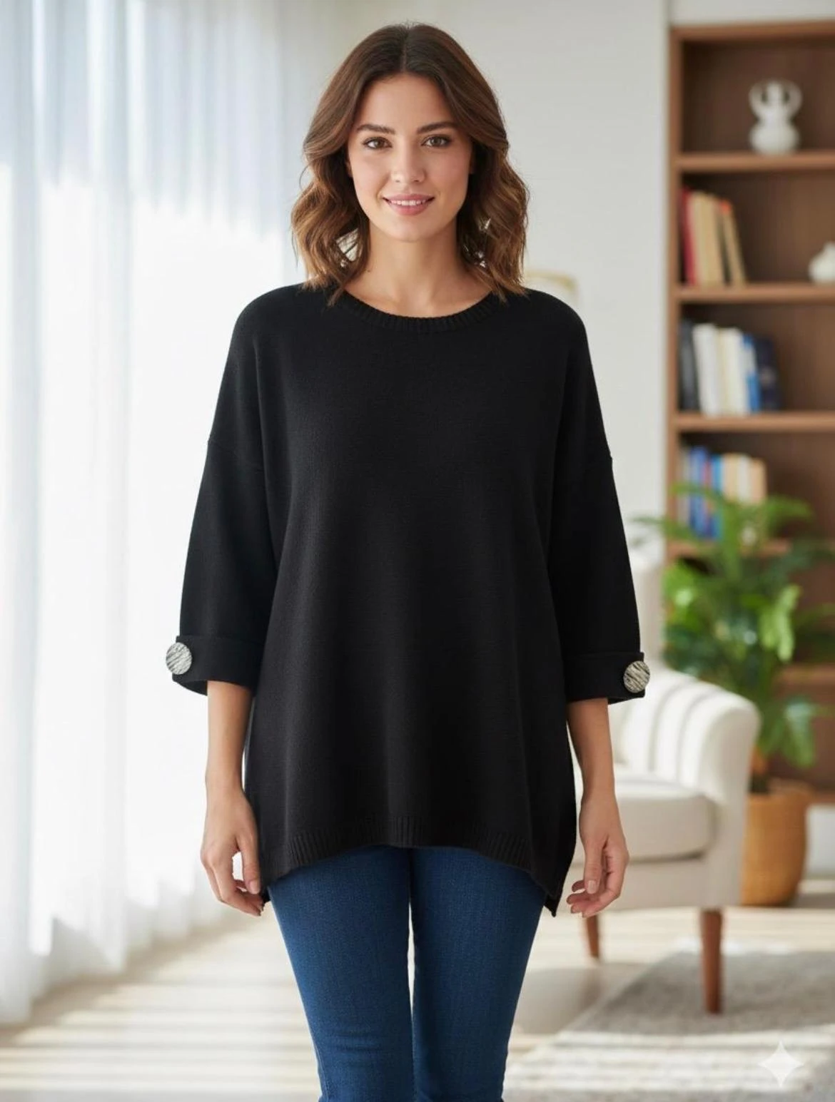 Kol düğmeli italyan angora bluz - Siyah