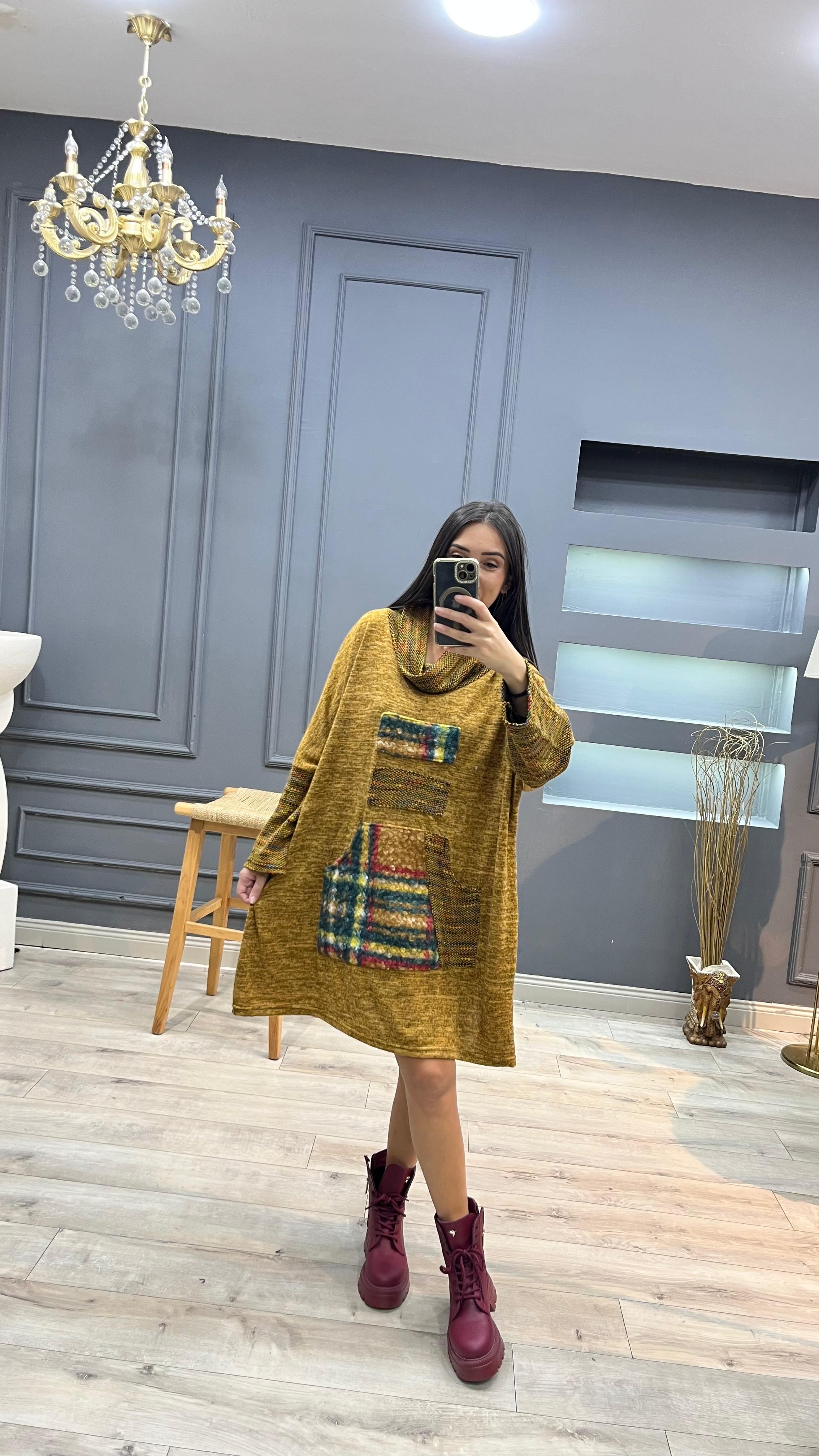 Etnik Elbise Tunik - Hardal