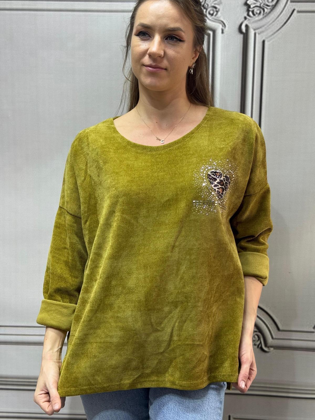 Kadife Büyük Beden Bluz - Olive