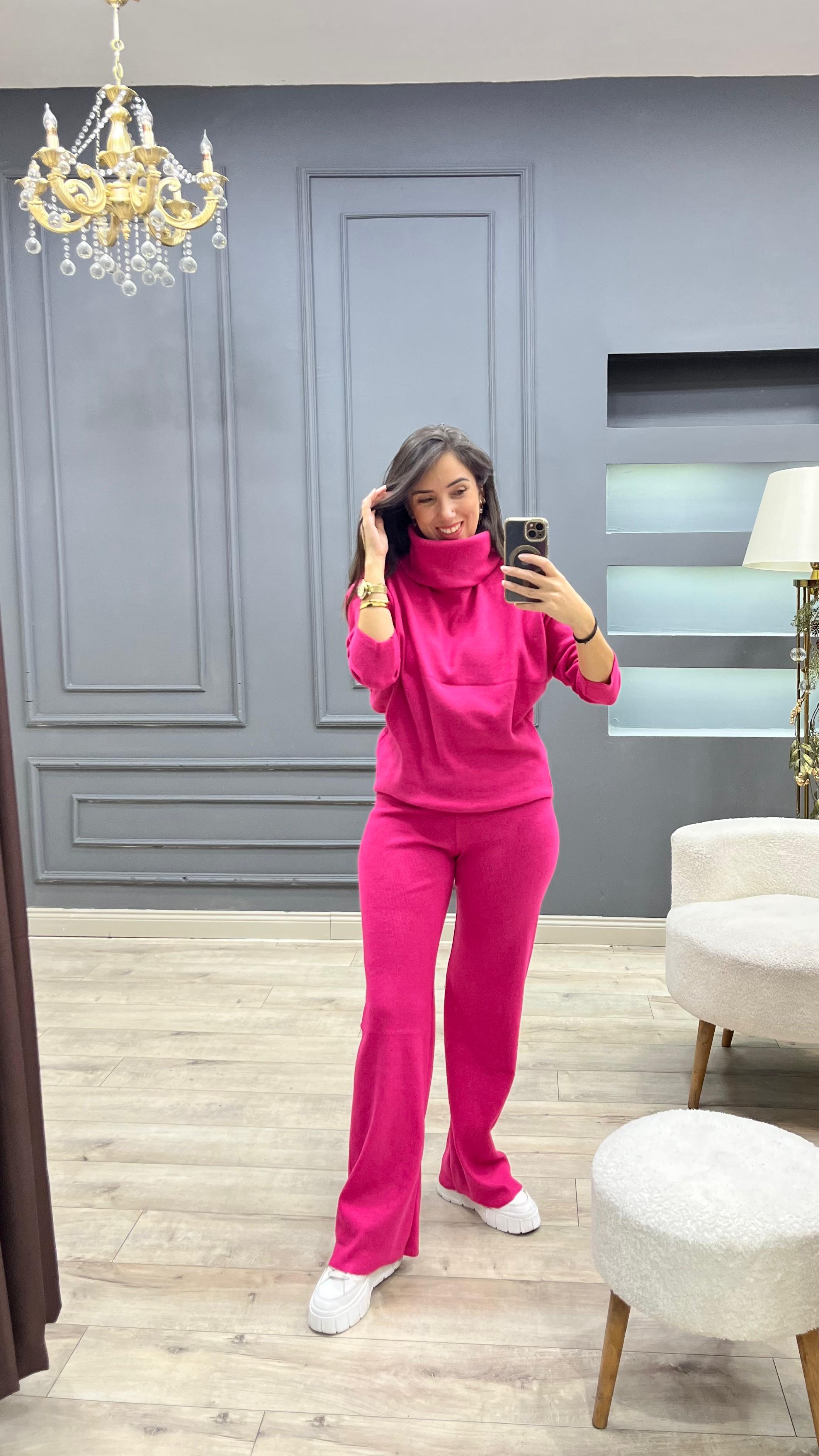 Degaje Yaka Likralı Yumoş Takım - Fuşya