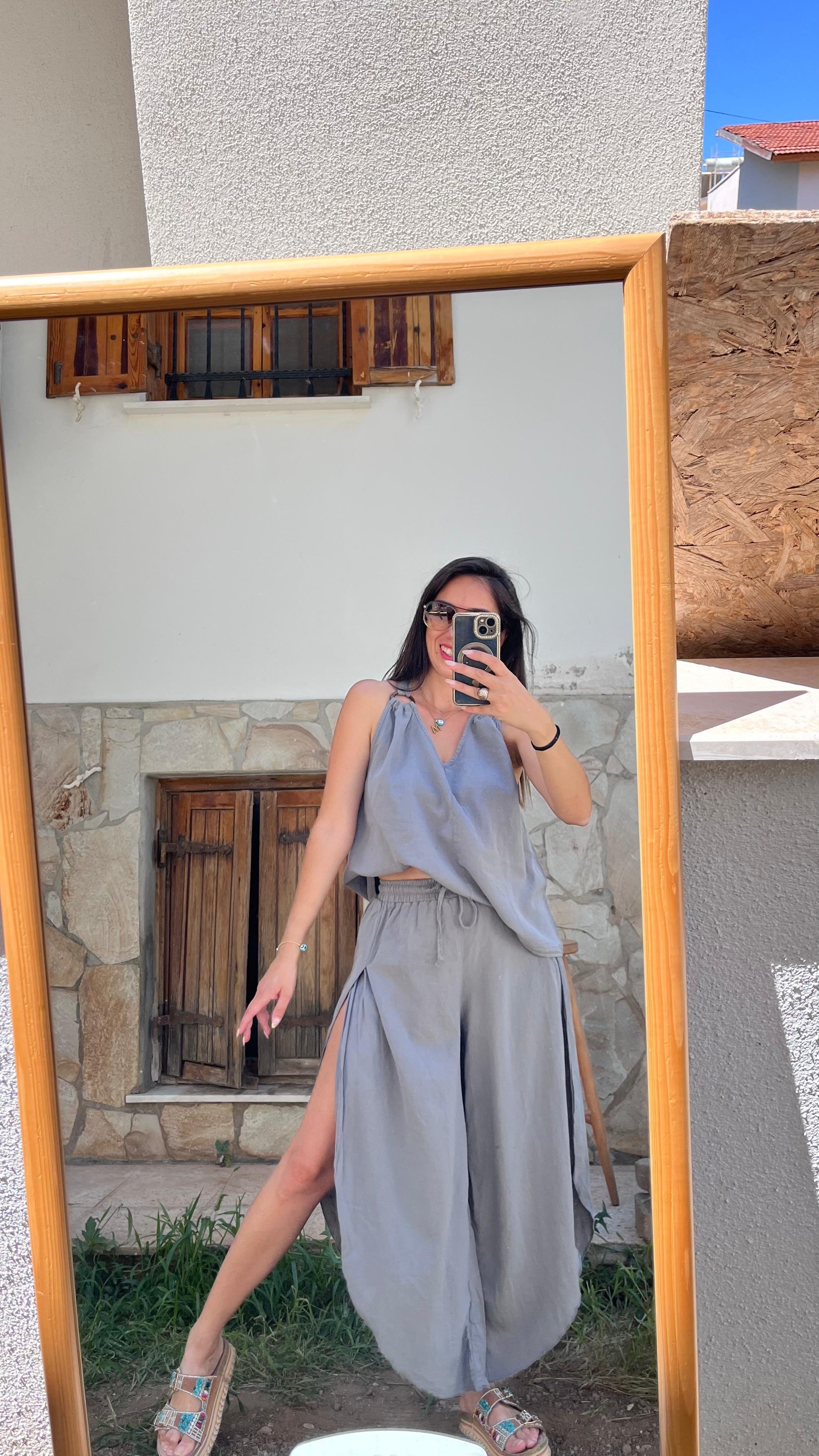 Halka Detaylı Bluz Yırtmaçlı Pantolon Takım