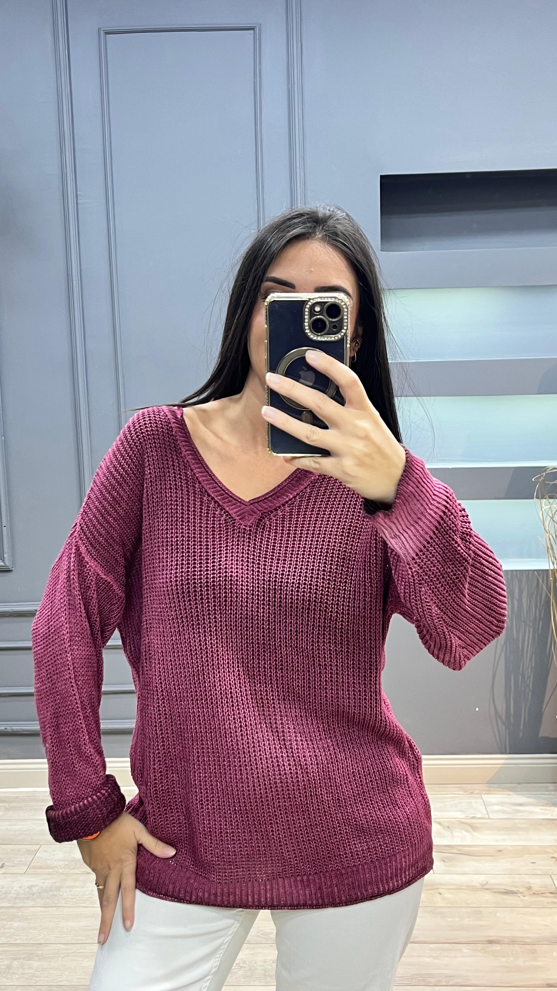 V Yaka İtalyan Triko Bluz - Bordo