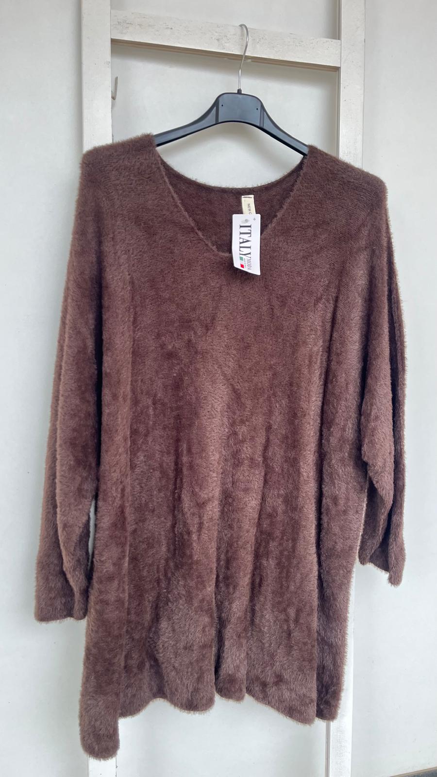 V Yaka Angora Bluz - Kahverengi