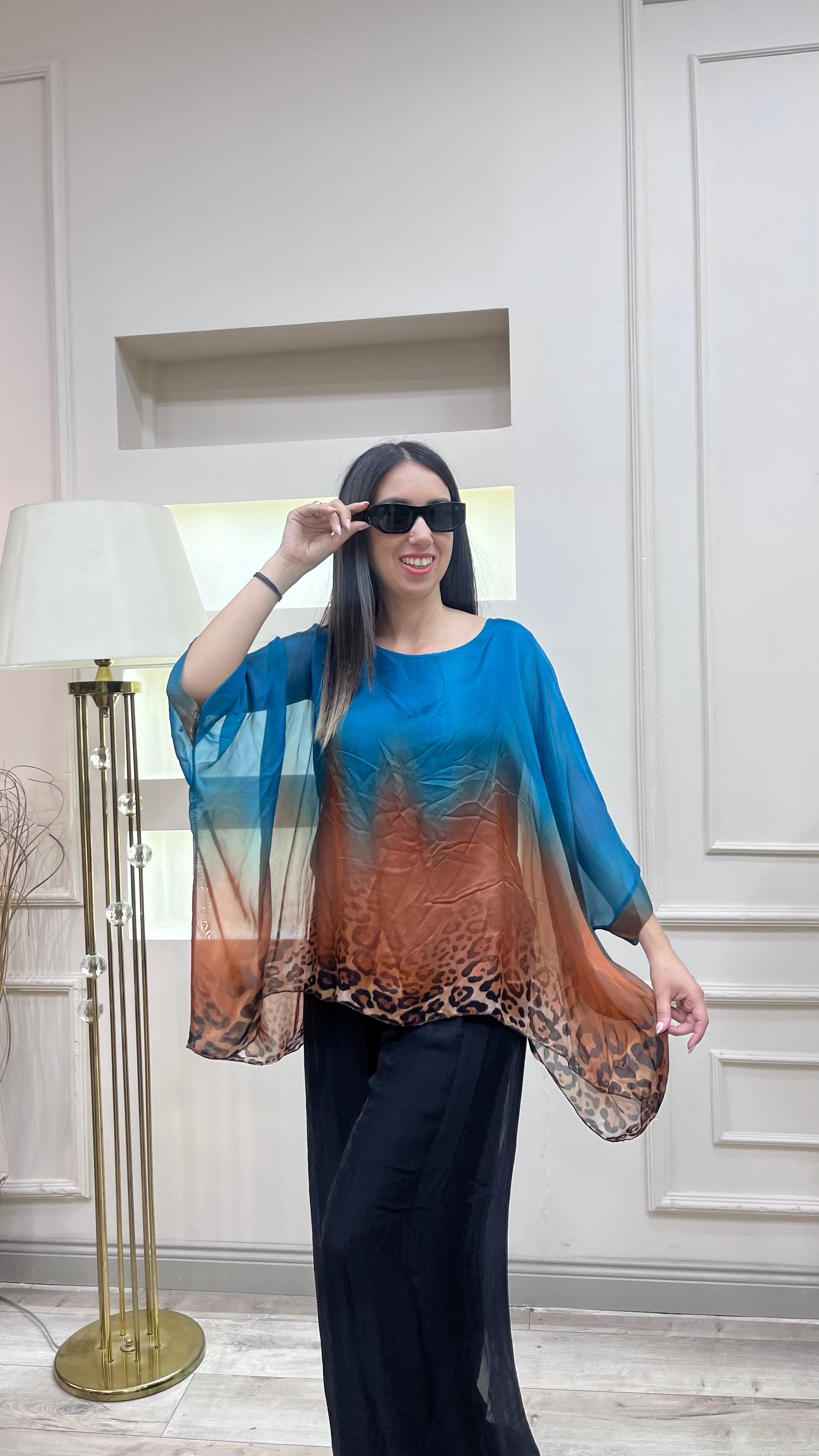 Leopar Desenli Bluz - Mavi
