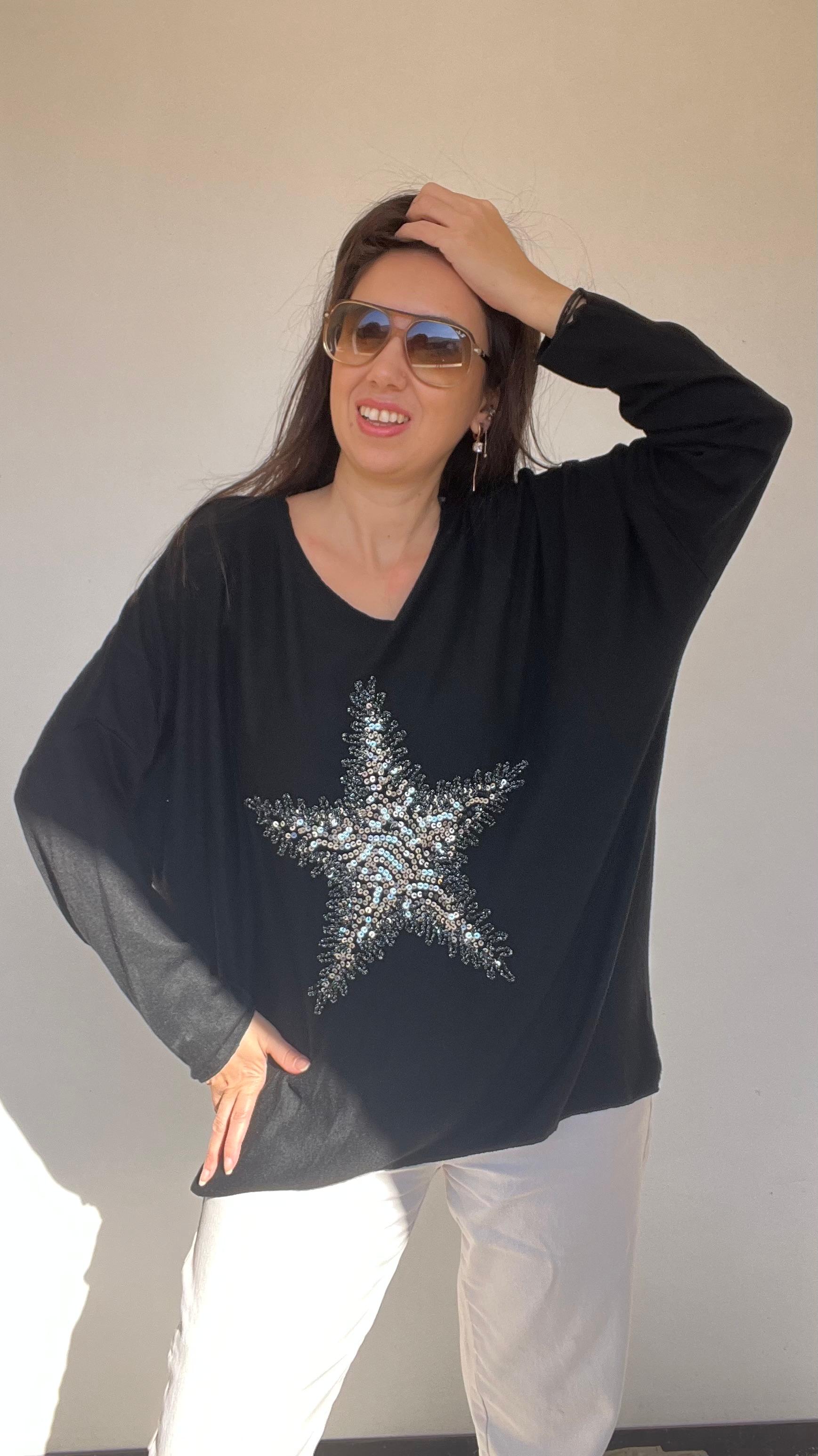 Standart Yıldız Desenli Bluz - Siyah
