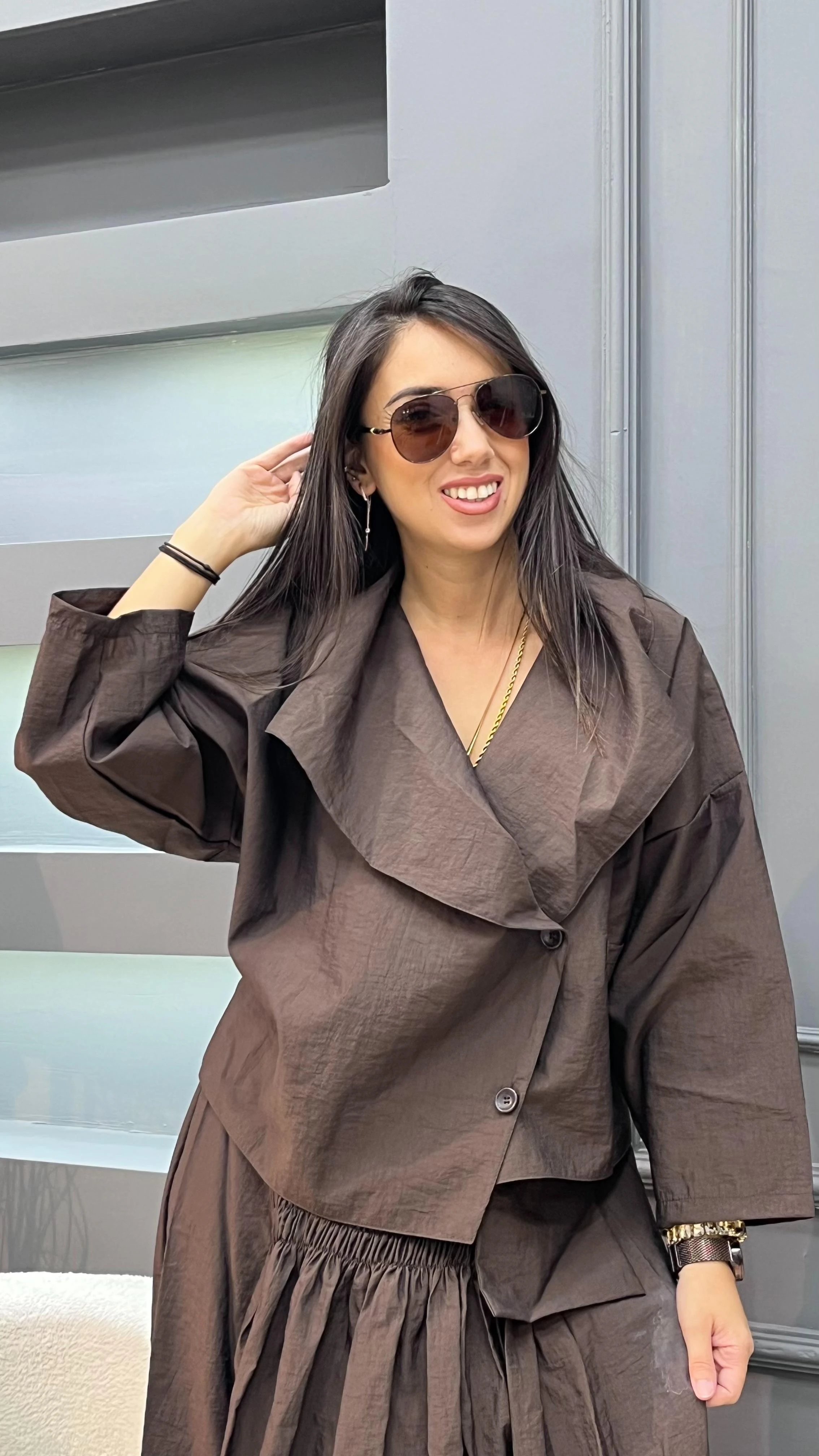 Paraşüt Tasarım Kısa Trenç - Kahverengi